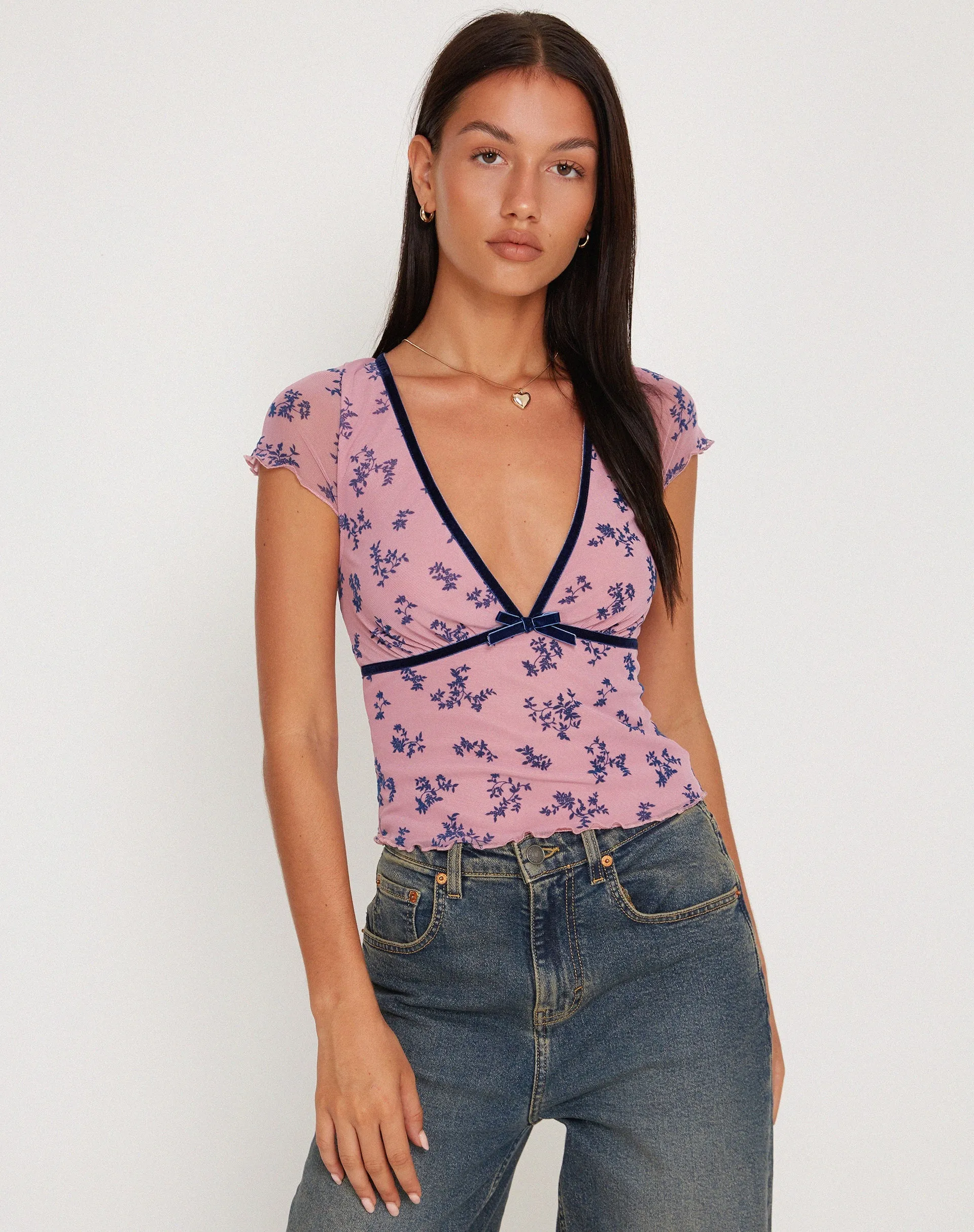 Livi Mesh Top in Pink and Navy Botanist Flocking