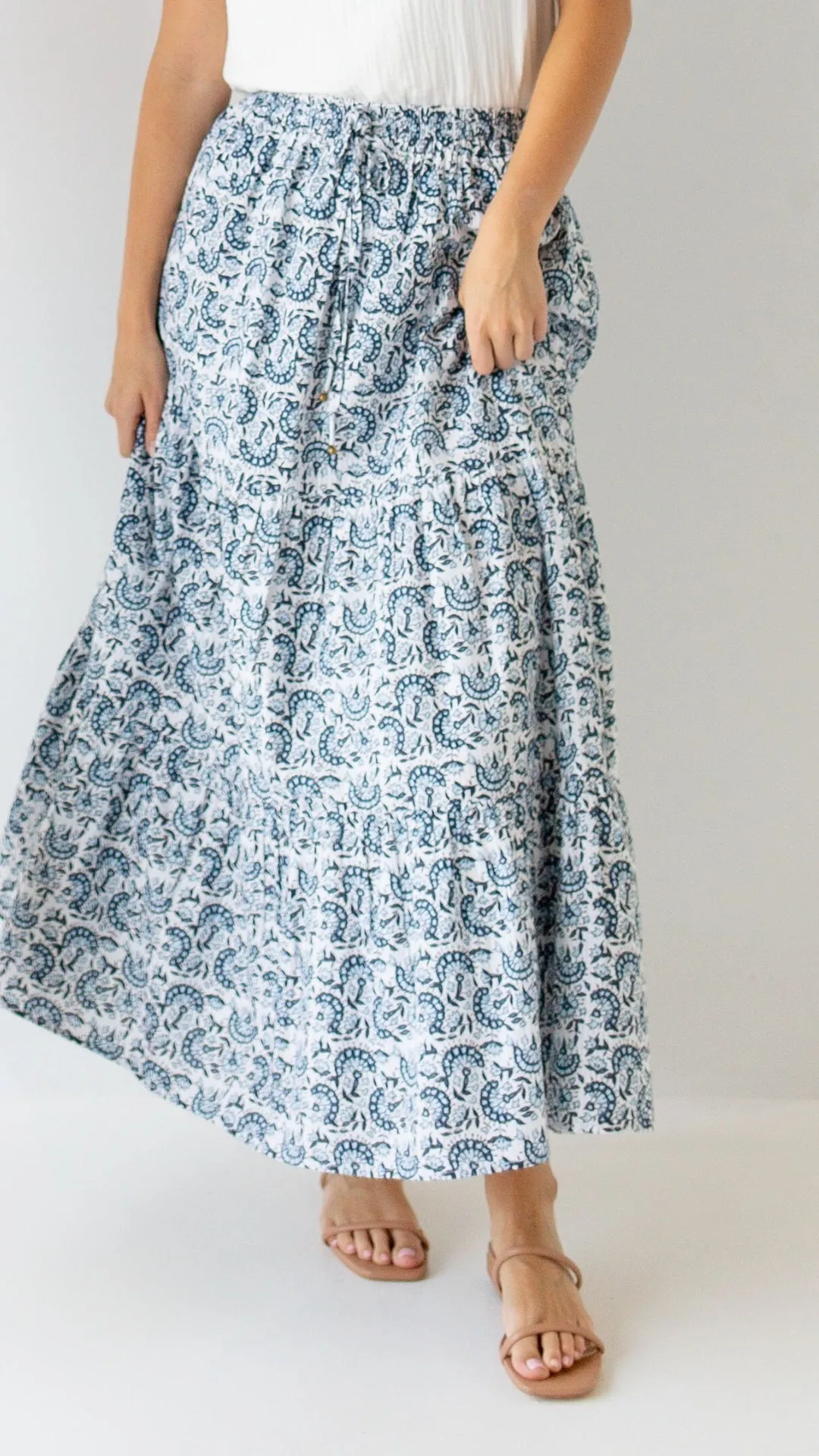 'Martha' Blue Gardenia Cotton Maxi Skirt in Ivory