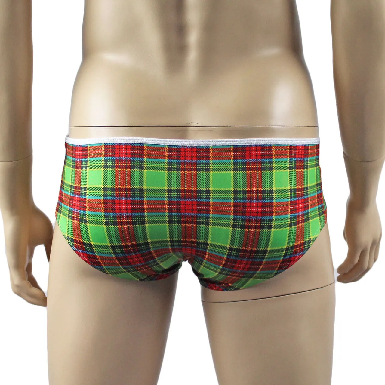 Mens Plaid Tartan Briefs with Lace Trim Green and Red