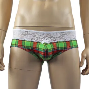 Mens Plaid Tartan Briefs with Lace Trim Green and Red