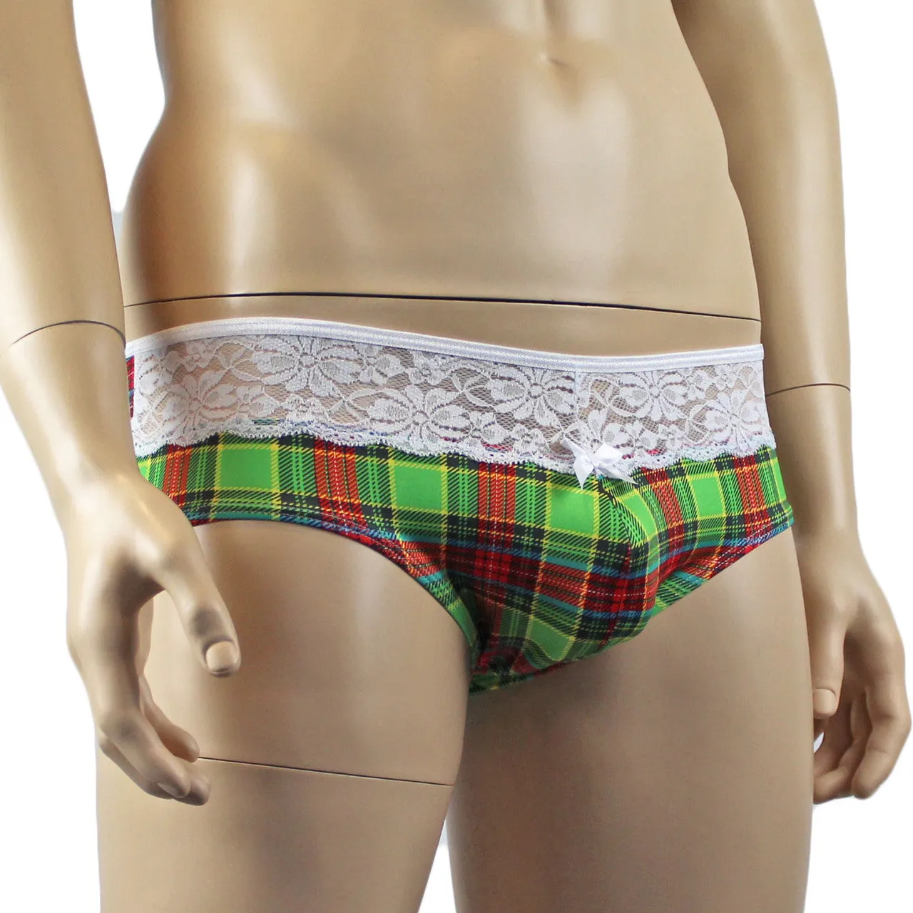 Mens Plaid Tartan Briefs with Lace Trim Green and Red