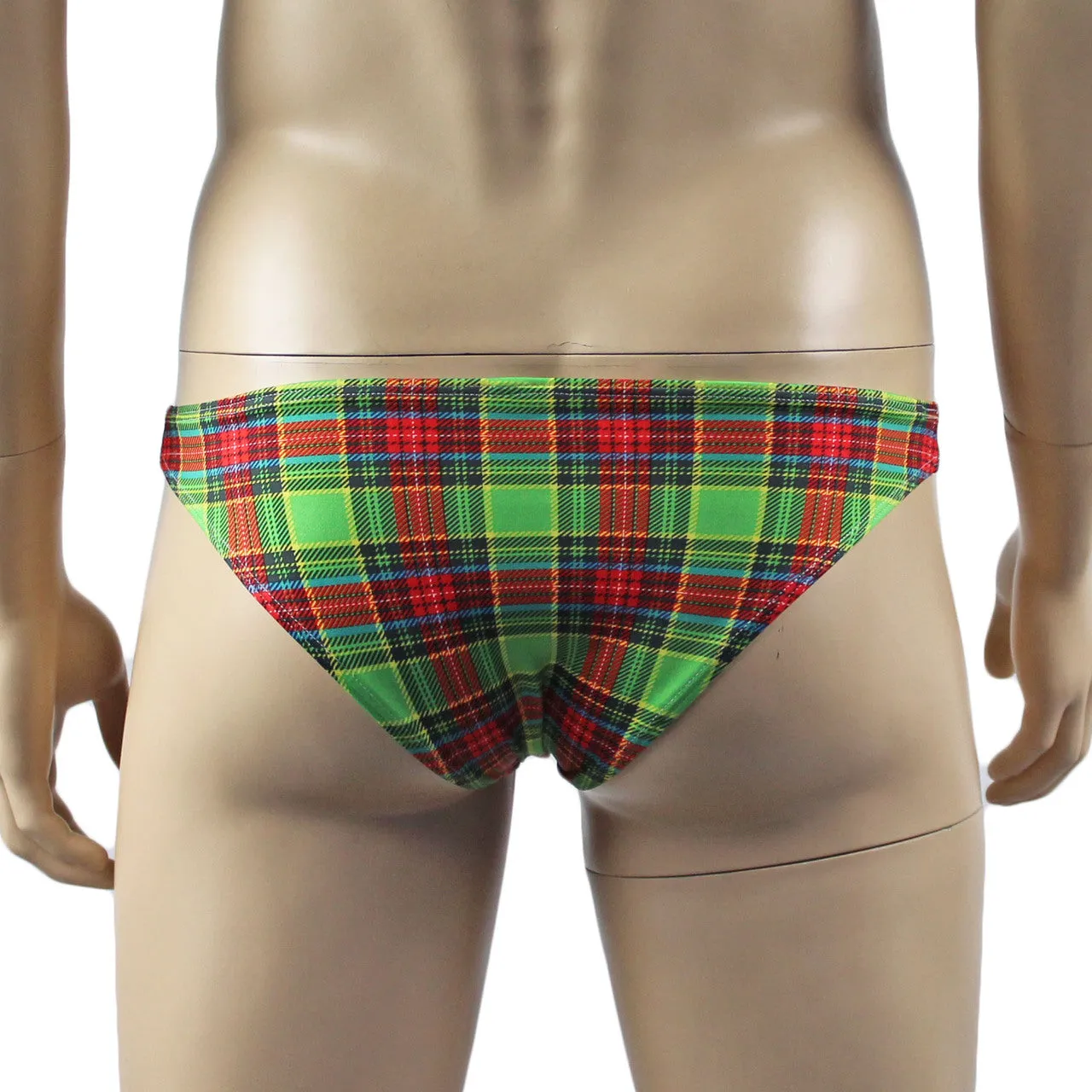 Mens Plaid Tartan Low Rise Bikini Briefs with Lace Trim Green and Red