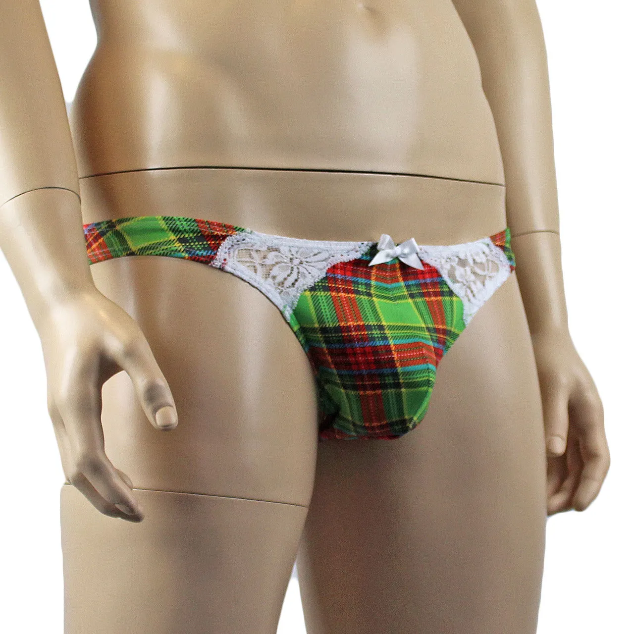 Mens Plaid Tartan Low Rise Bikini Briefs with Lace Trim Green and Red