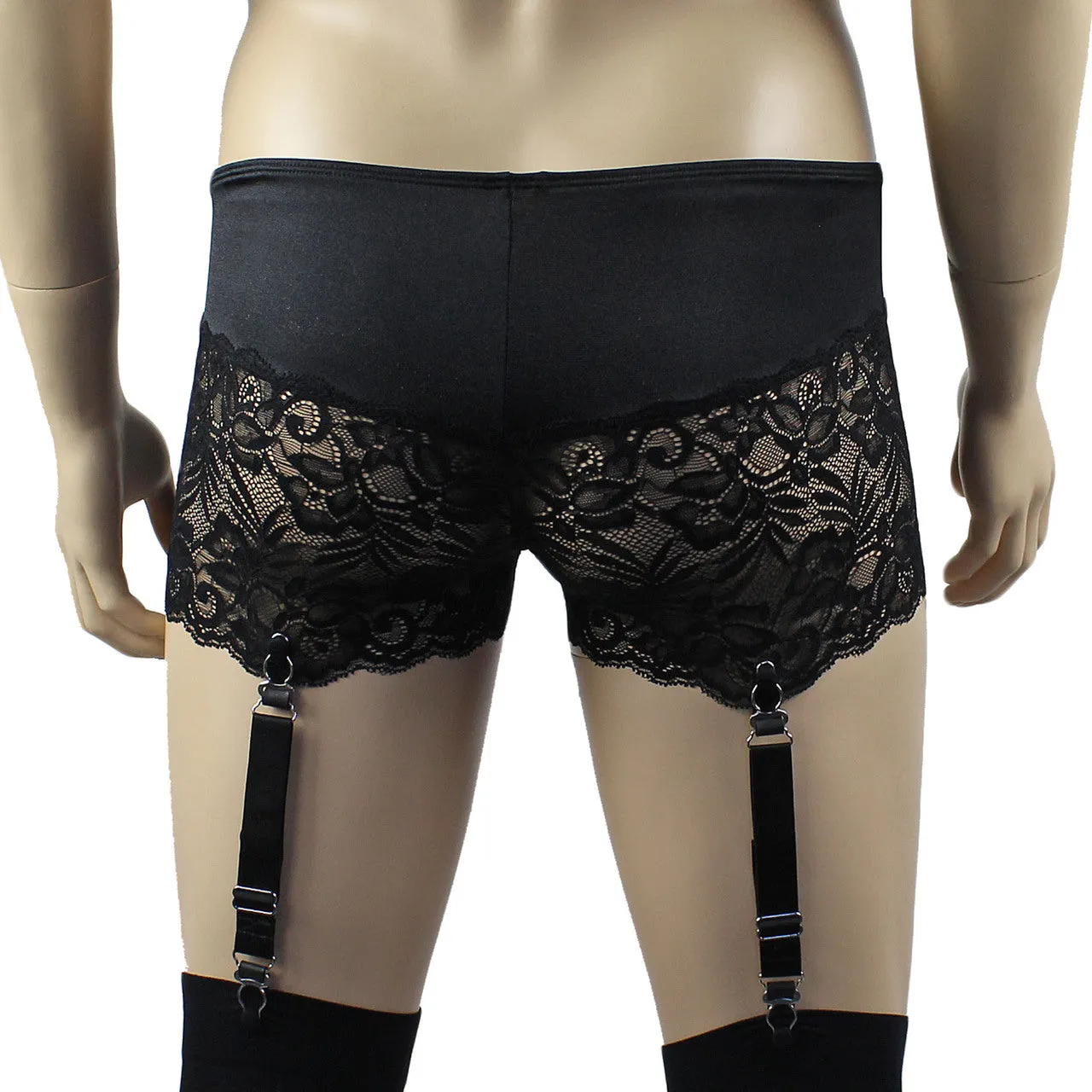 Mens Risque Boxer Briefs with Detachable Garters & Stockings Black and Black Lace