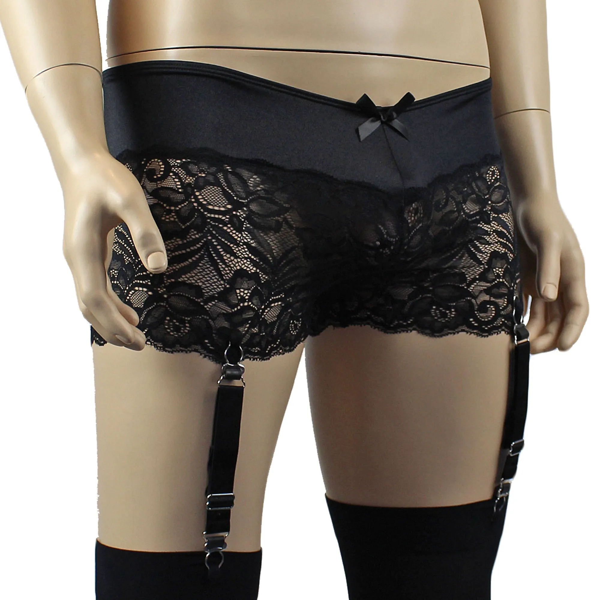 Mens Risque Boxer Briefs with Detachable Garters & Stockings Black and Black Lace