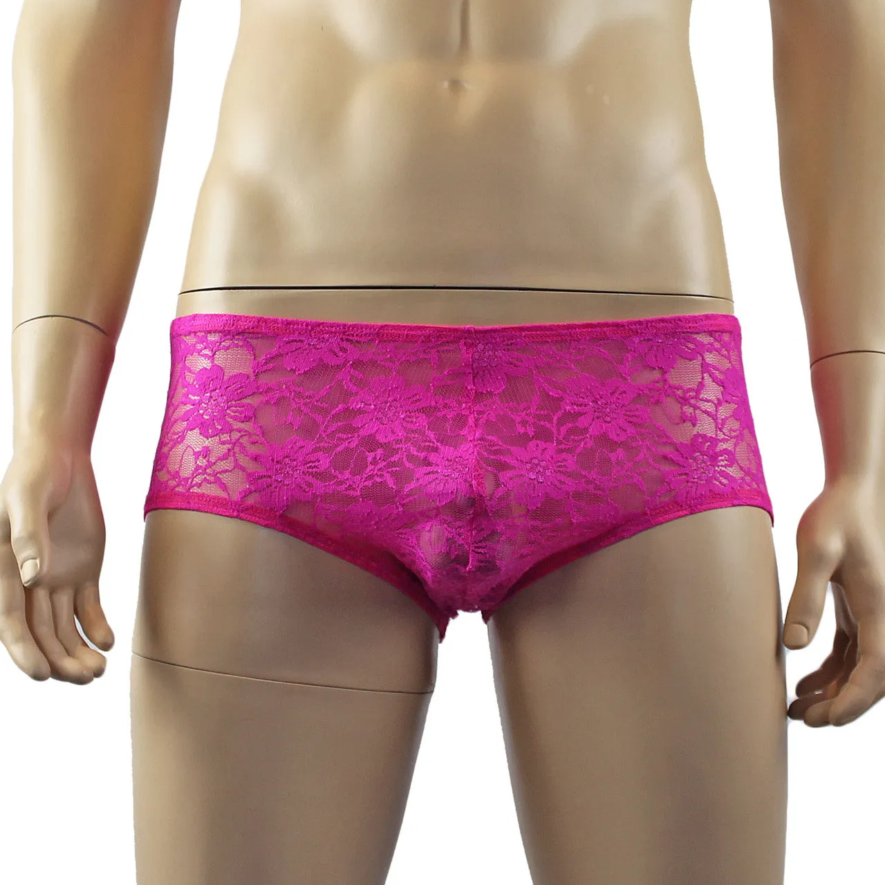 Mens Sexy Lace Crop Bra Top Camisole and Male Lingerie Panty Briefs Neon Pink