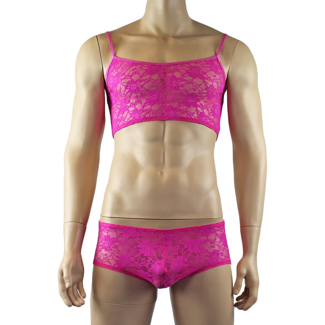 Mens Sexy Lace Crop Bra Top Camisole and Male Lingerie Panty Briefs Neon Pink