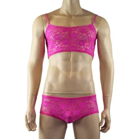 Mens Sexy Lace Crop Bra Top Camisole and Male Lingerie Panty Briefs Neon Pink