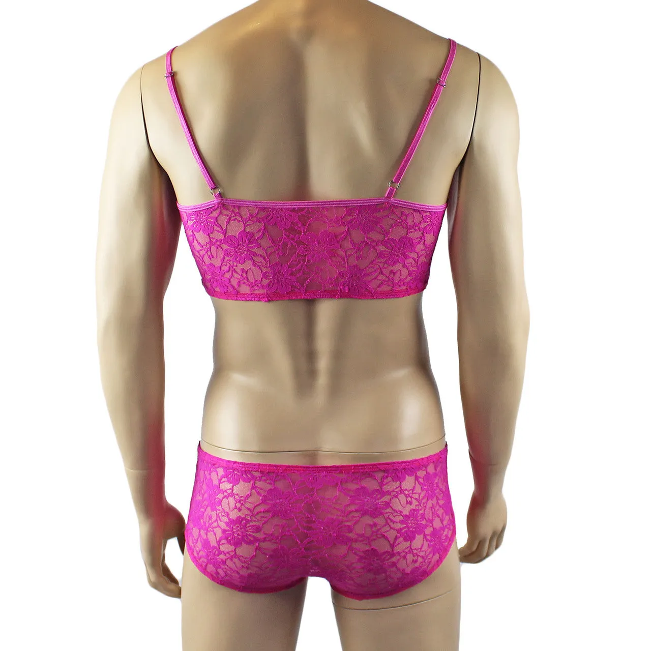 Mens Sexy Lace Crop Bra Top Camisole and Male Lingerie Panty Briefs Neon Pink