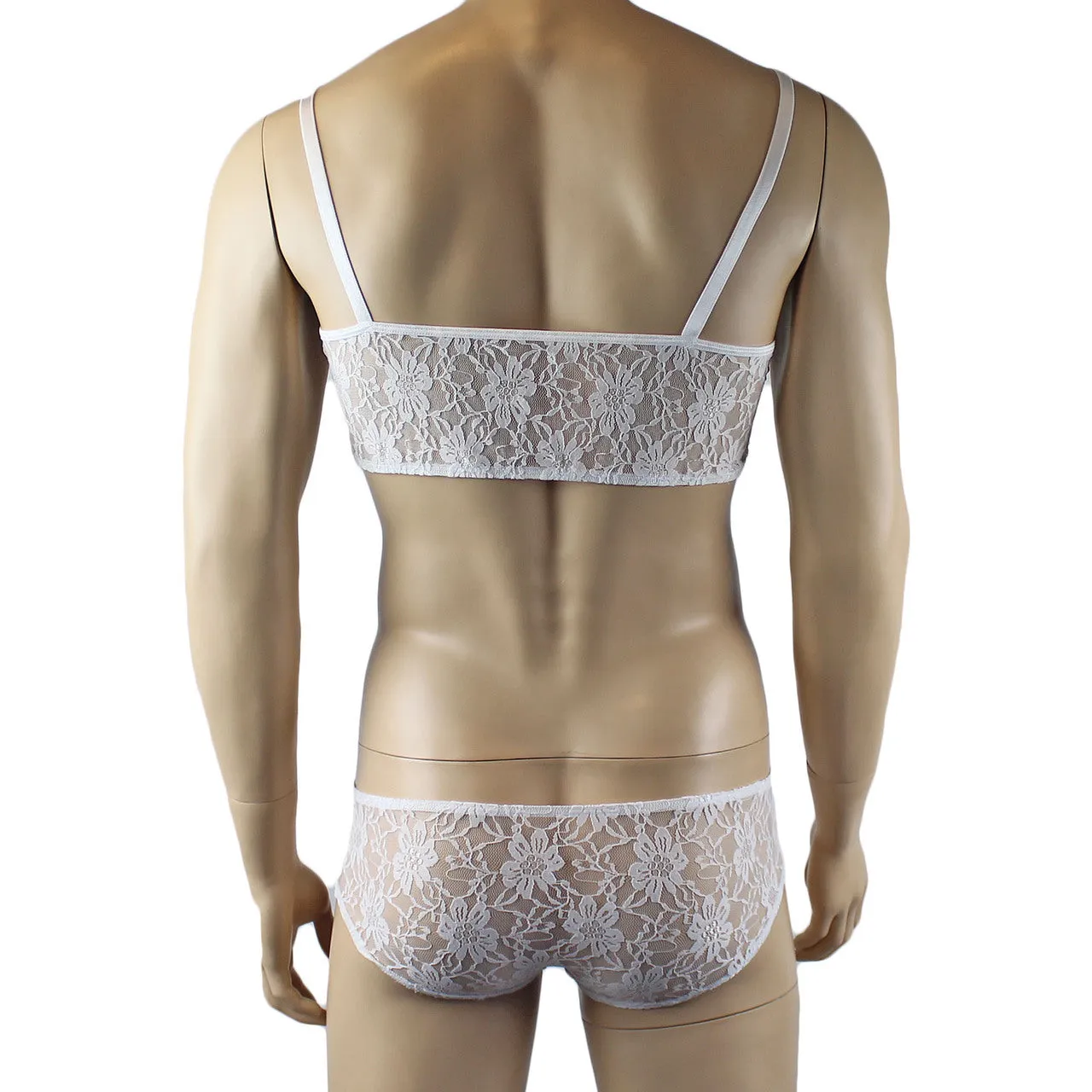 Mens Sexy Lace Crop Bra Top Camisole and Male Lingerie Panty Briefs White