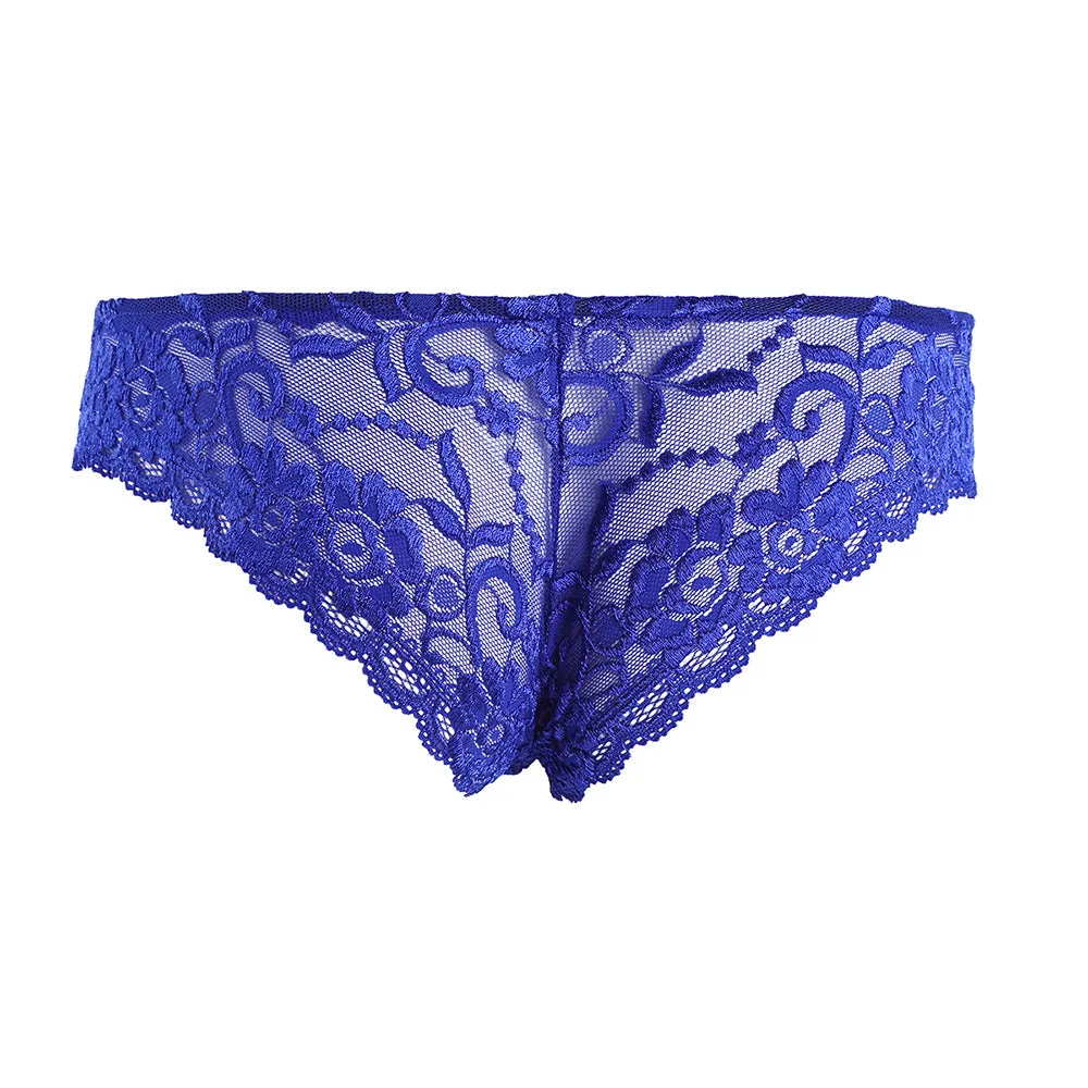 Mens Sissy Stretch Lace Briefs with Pouch Front Blue