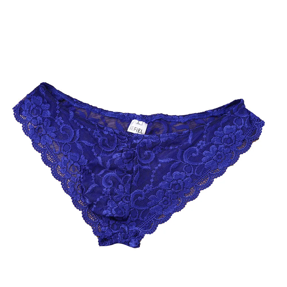 Mens Sissy Stretch Lace Briefs with Pouch Front Blue