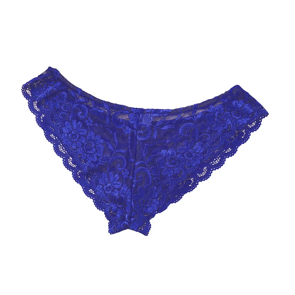 Mens Sissy Stretch Lace Briefs with Pouch Front Blue