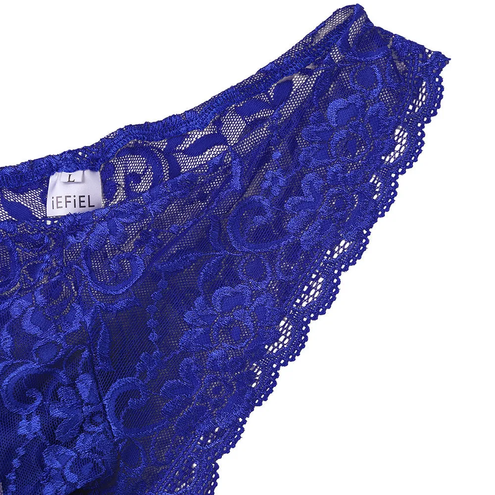 Mens Sissy Stretch Lace Briefs with Pouch Front Blue