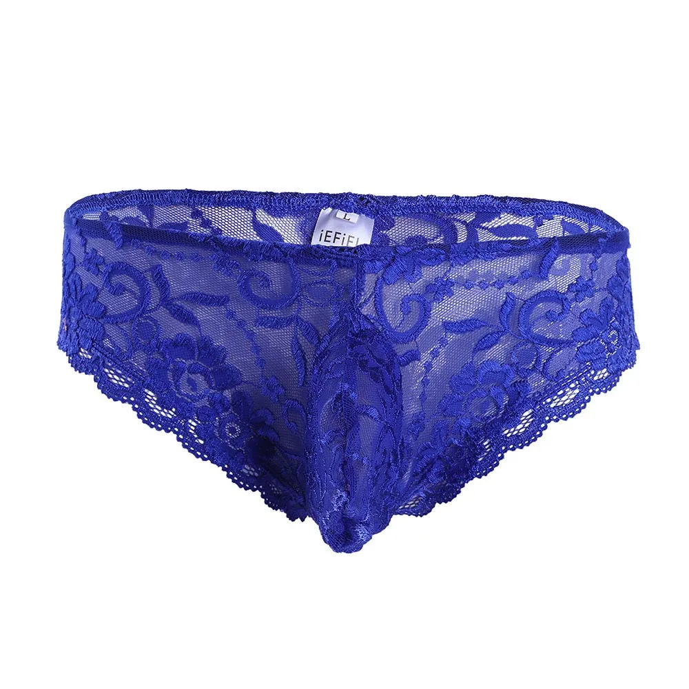 Mens Sissy Stretch Lace Briefs with Pouch Front Blue