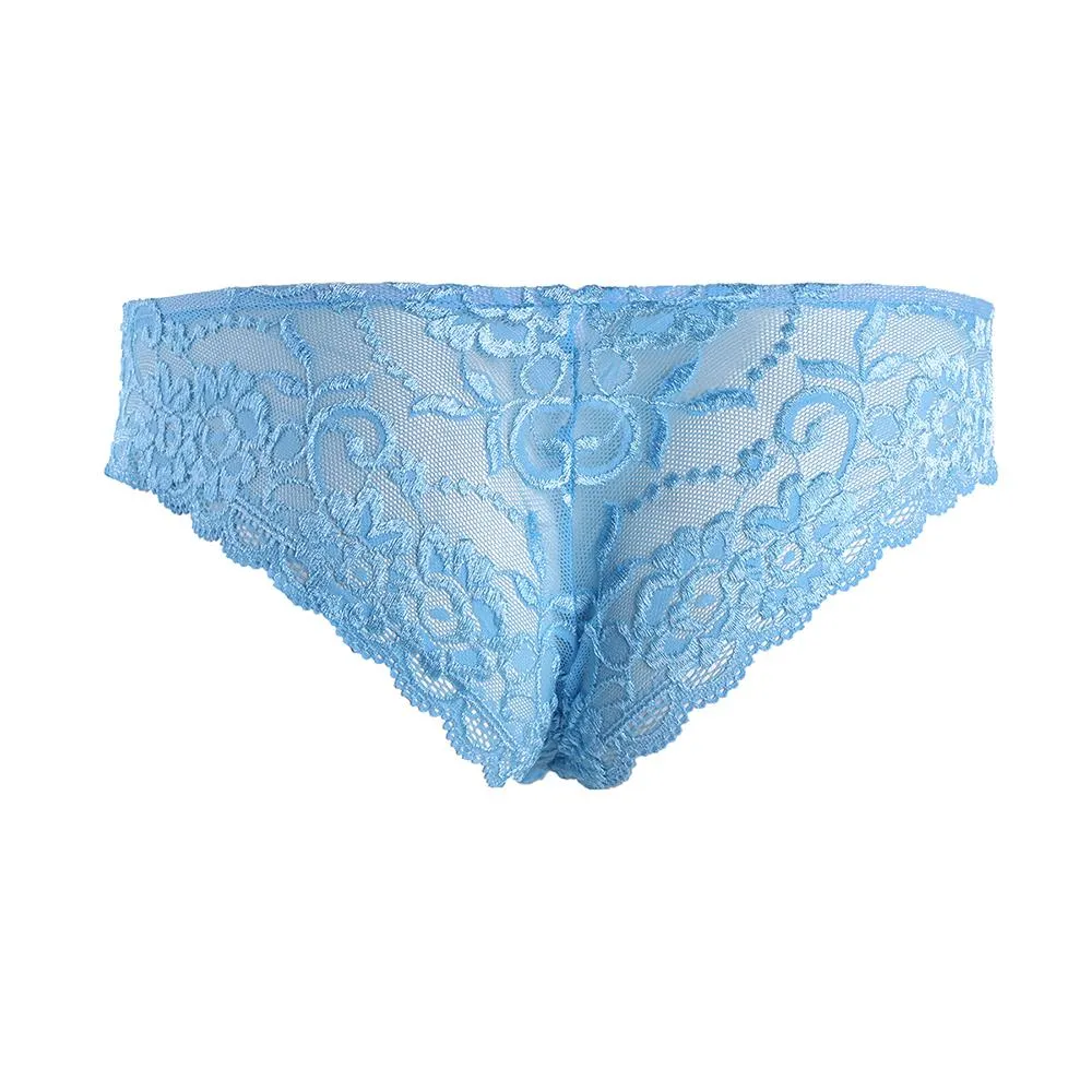 Mens Sissy Stretch Lace Briefs with Pouch Front Sky Blue