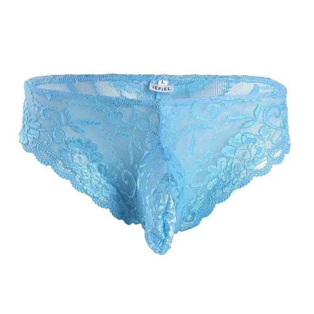 Mens Sissy Stretch Lace Briefs with Pouch Front Sky Blue