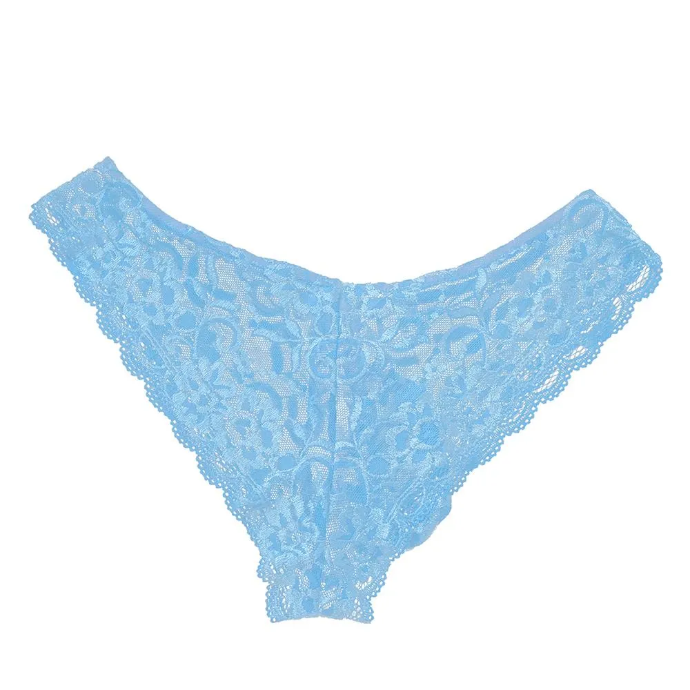 Mens Sissy Stretch Lace Briefs with Pouch Front Sky Blue