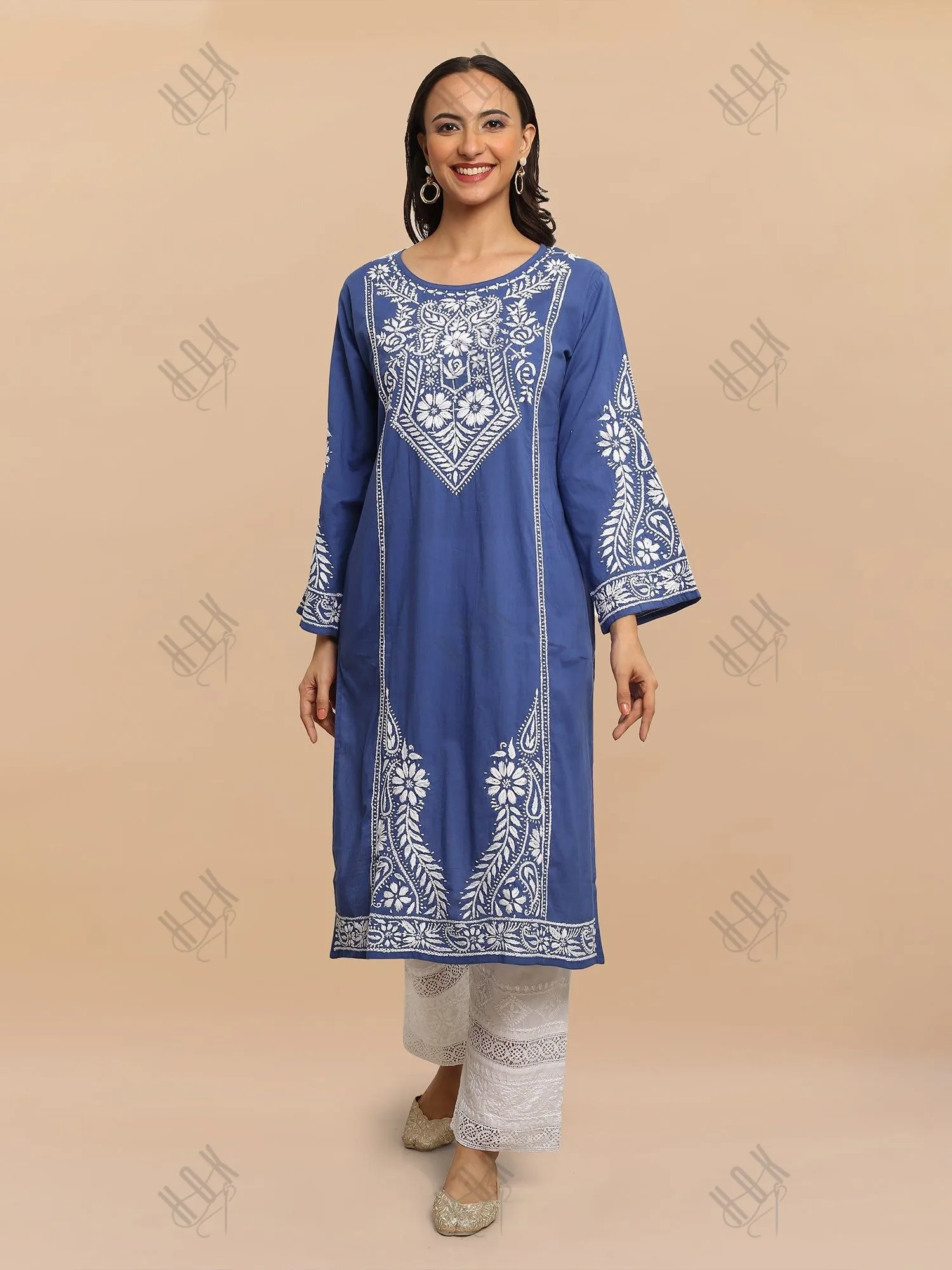 Muskaan in Saba Chikankari Long Kurti in Cambric Cotton - Blue