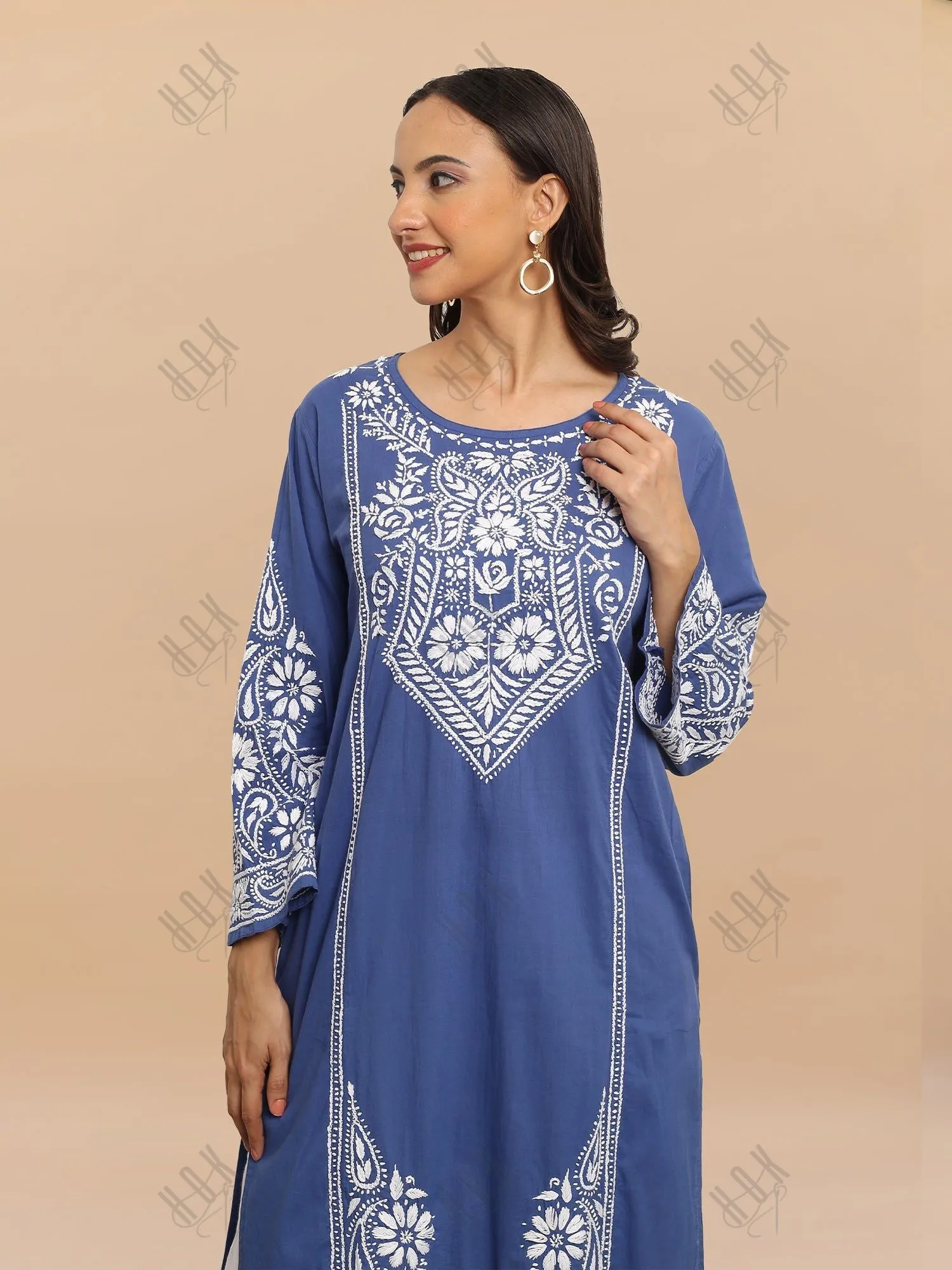 Muskaan in Saba Chikankari Long Kurti in Cambric Cotton - Blue