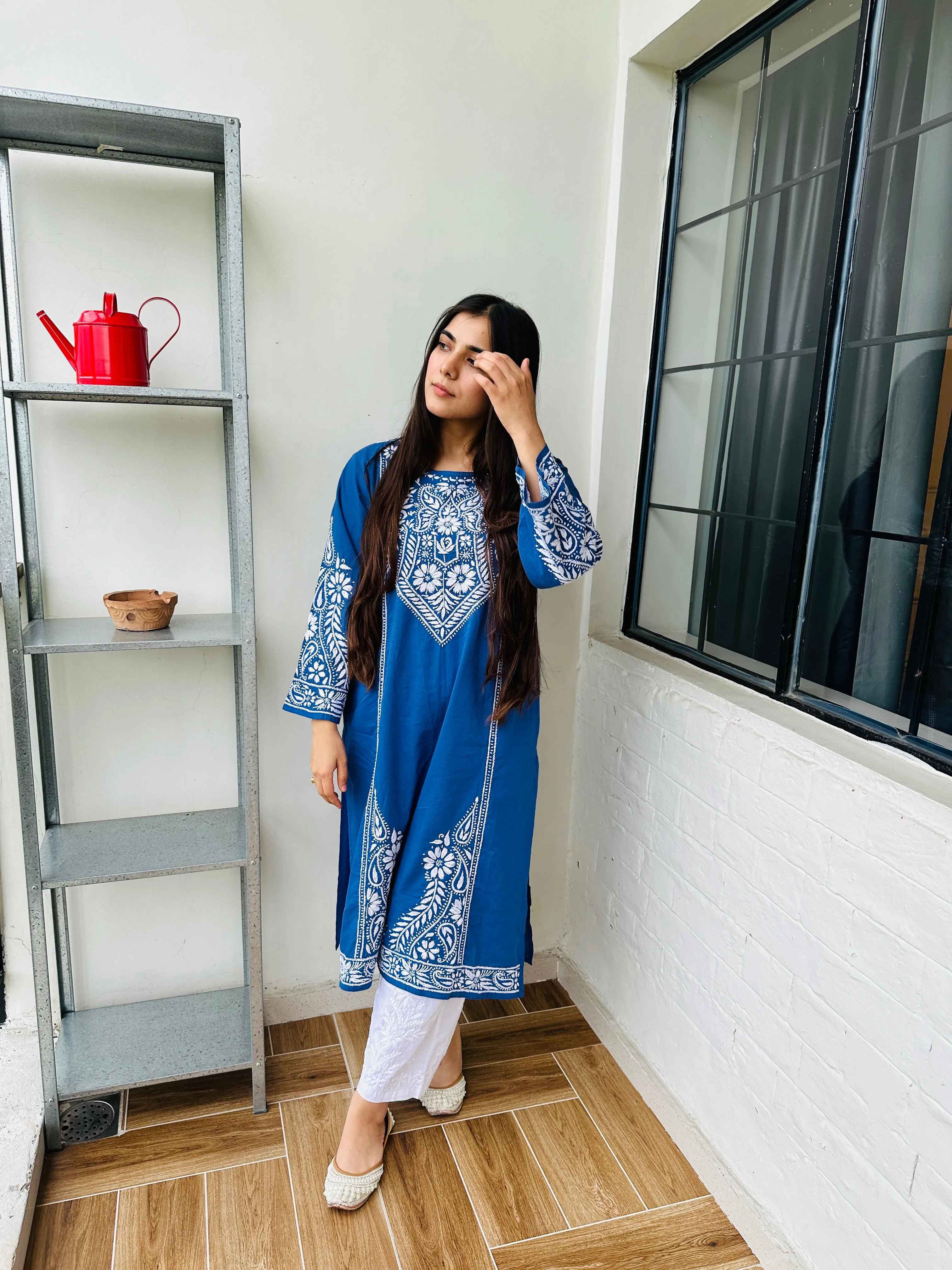 Muskaan in Saba Chikankari Long Kurti in Cambric Cotton - Blue