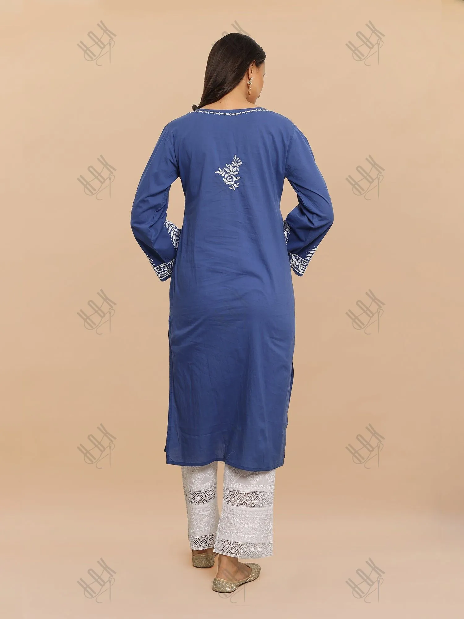 Muskaan in Saba Chikankari Long Kurti in Cambric Cotton - Blue