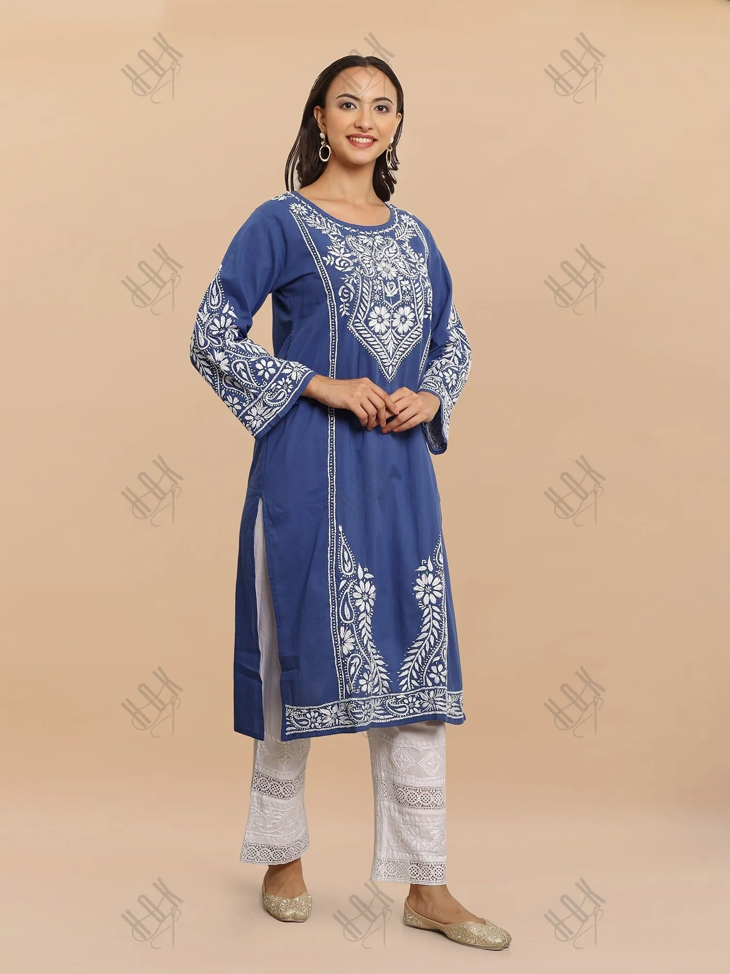 Muskaan in Saba Chikankari Long Kurti in Cambric Cotton - Blue