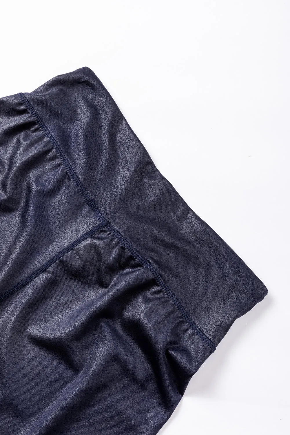 Navy Blue Crossed Dip Waist Sleek Leather Leggings