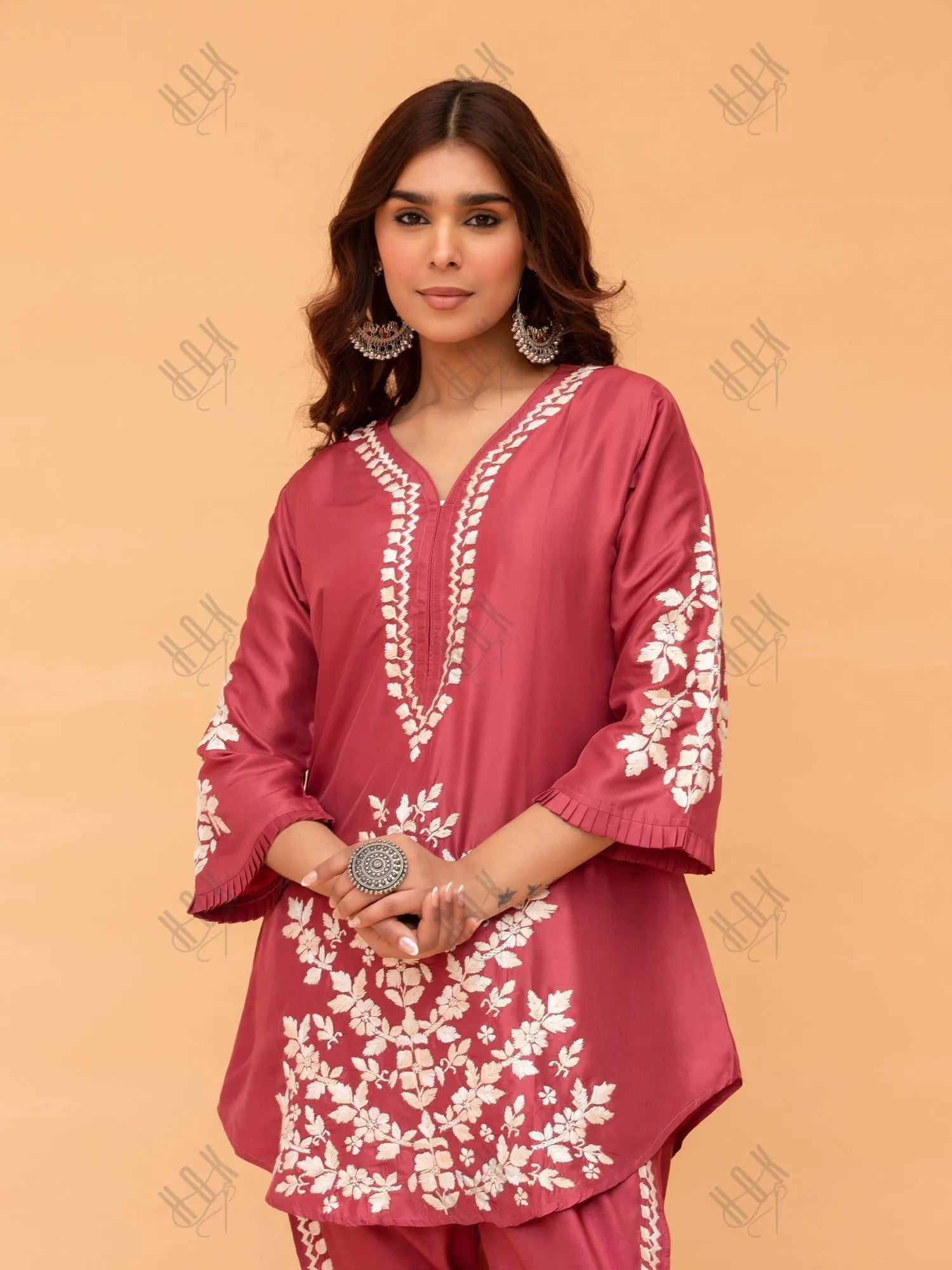 Noor in Saba Chikankari Kurta Set in Habutai Silk - Pink