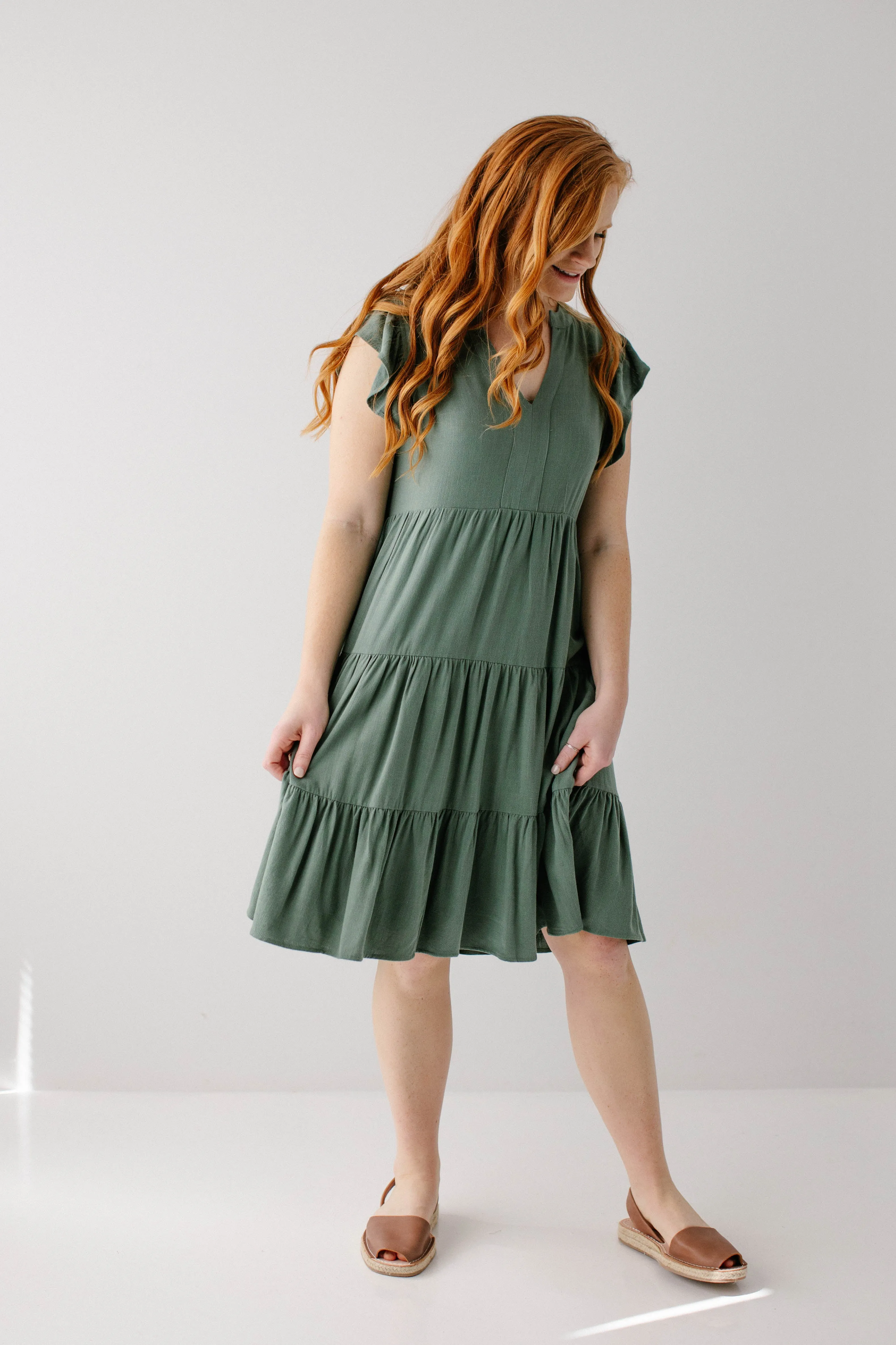 'Paloma' Flutter Sleeve Tiered Midi Dress in Jade FINAL SALE