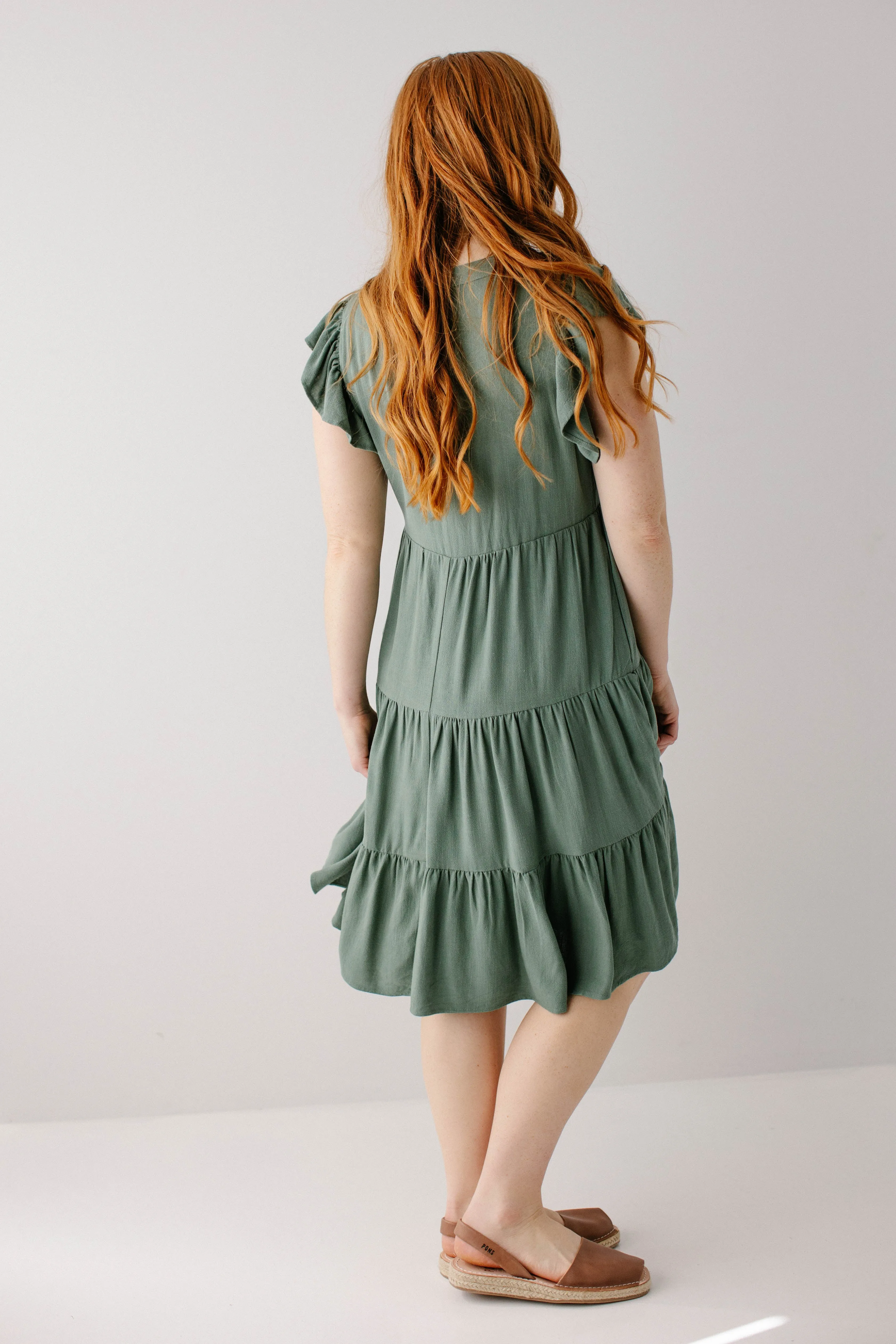 'Paloma' Flutter Sleeve Tiered Midi Dress in Jade FINAL SALE