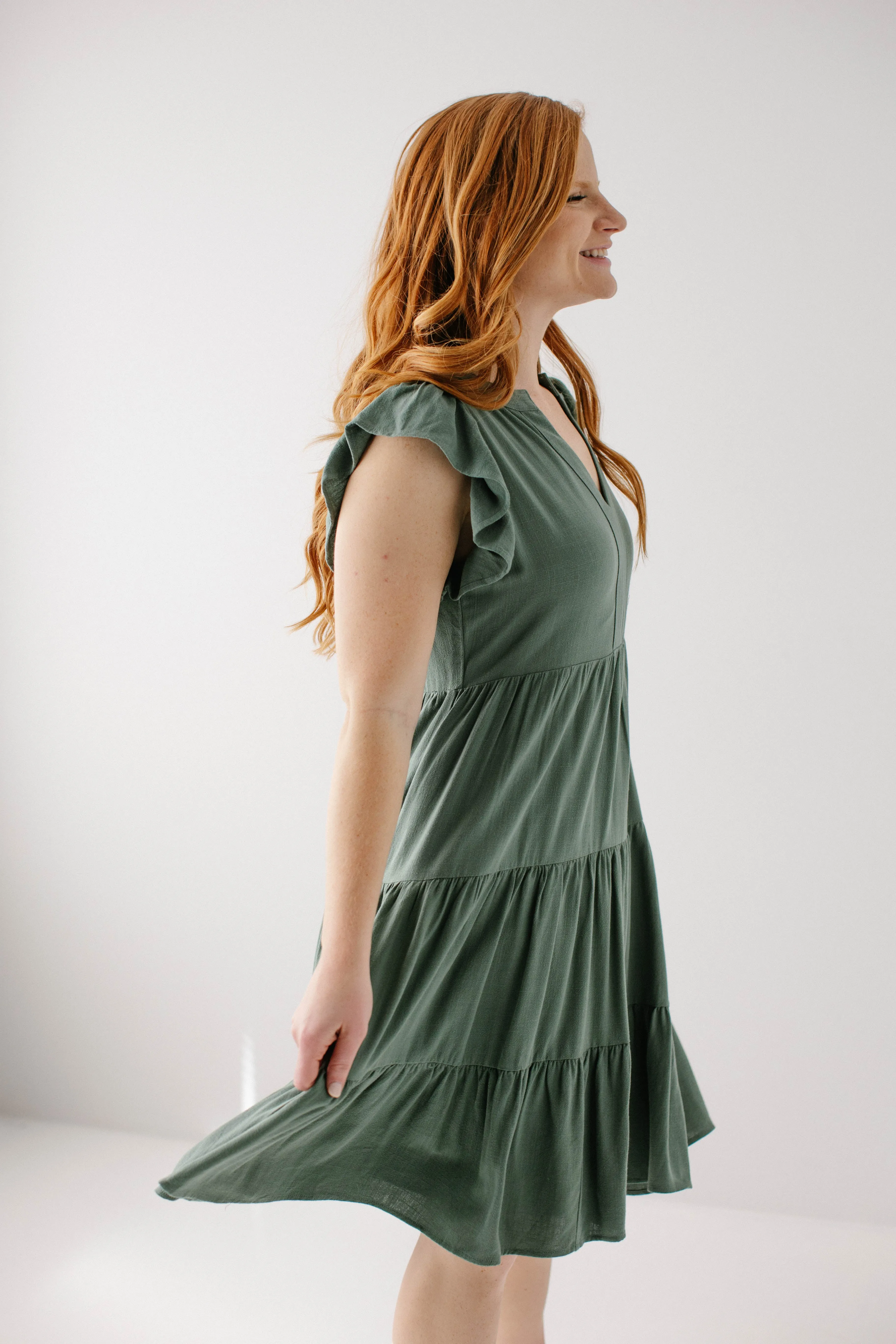 'Paloma' Flutter Sleeve Tiered Midi Dress in Jade FINAL SALE