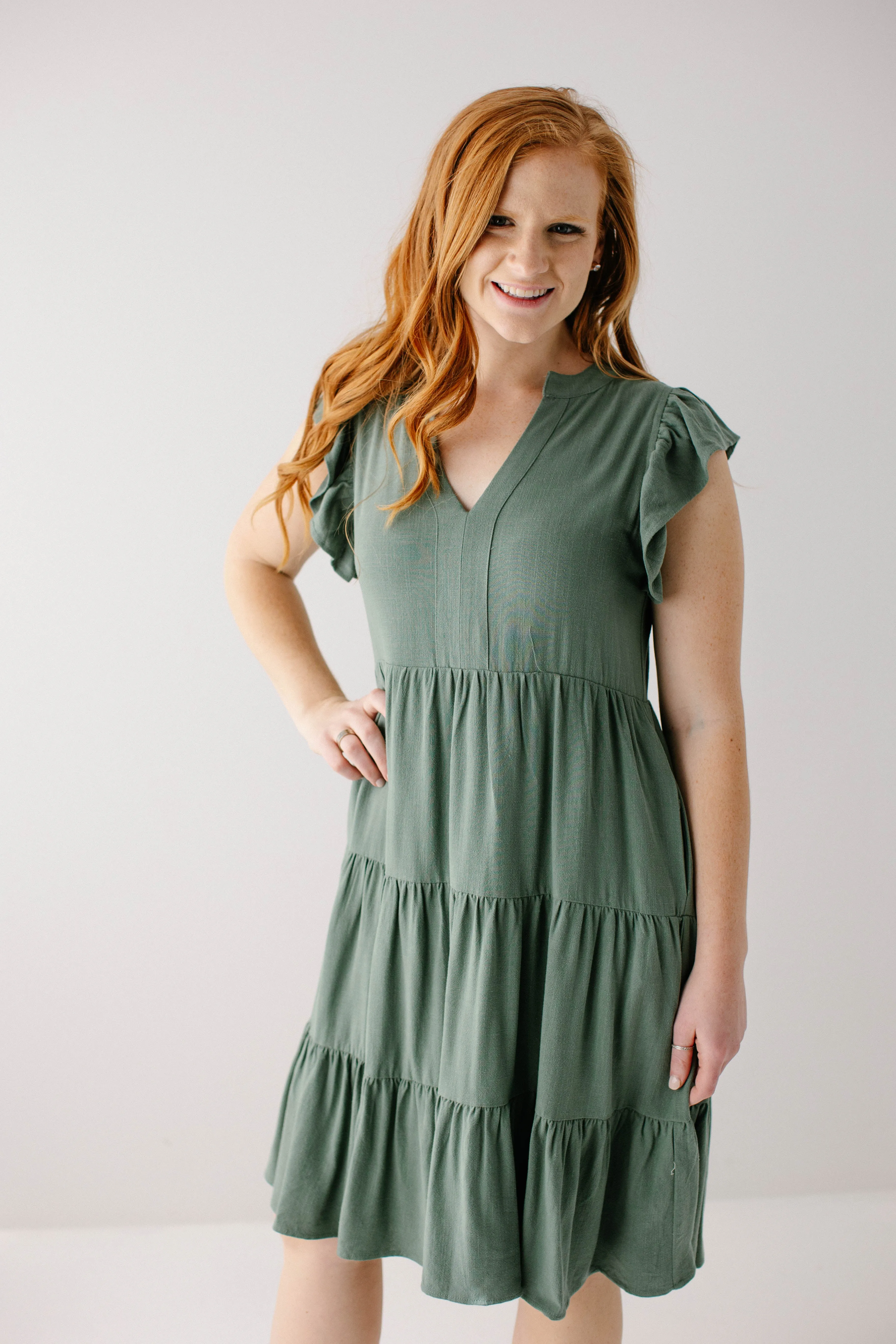 'Paloma' Flutter Sleeve Tiered Midi Dress in Jade FINAL SALE