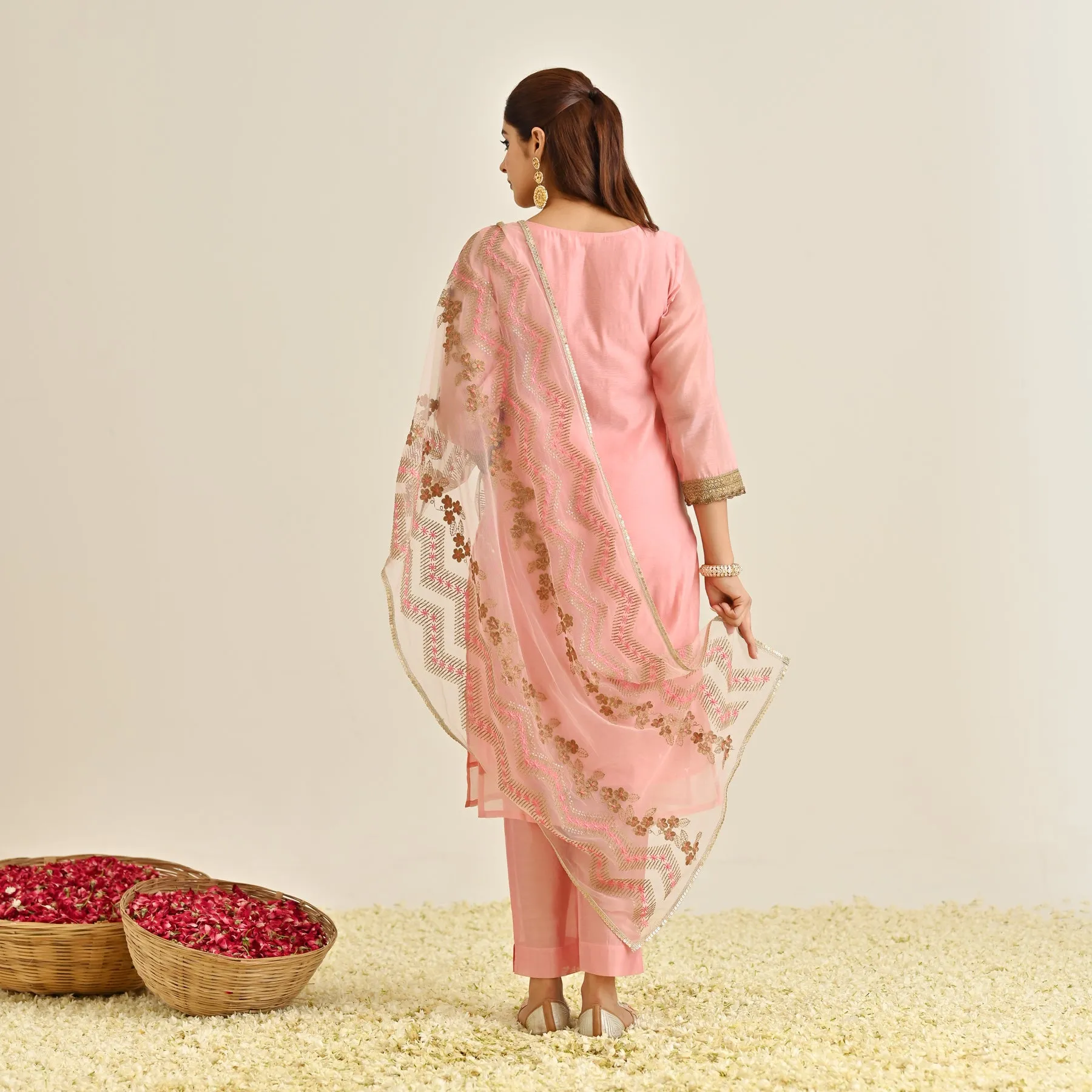 Pink Festive Embroidered Kurta Set with Embroidered Dupatta & Yoke Detail