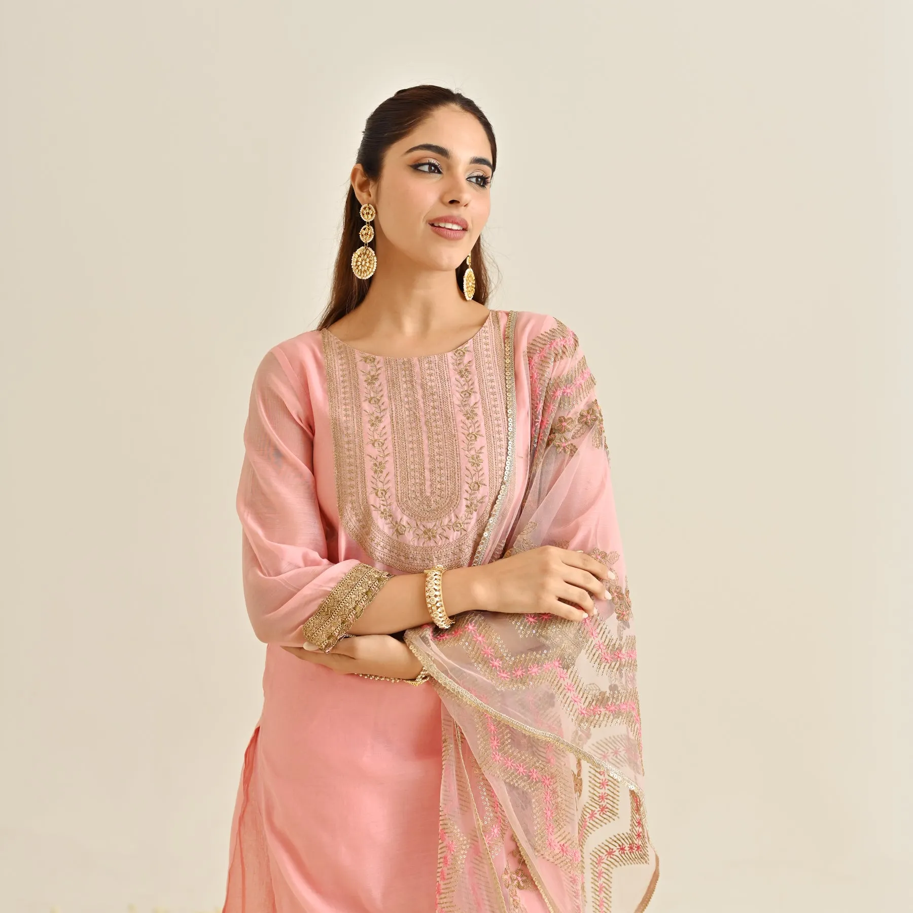 Pink Festive Embroidered Kurta Set with Embroidered Dupatta & Yoke Detail