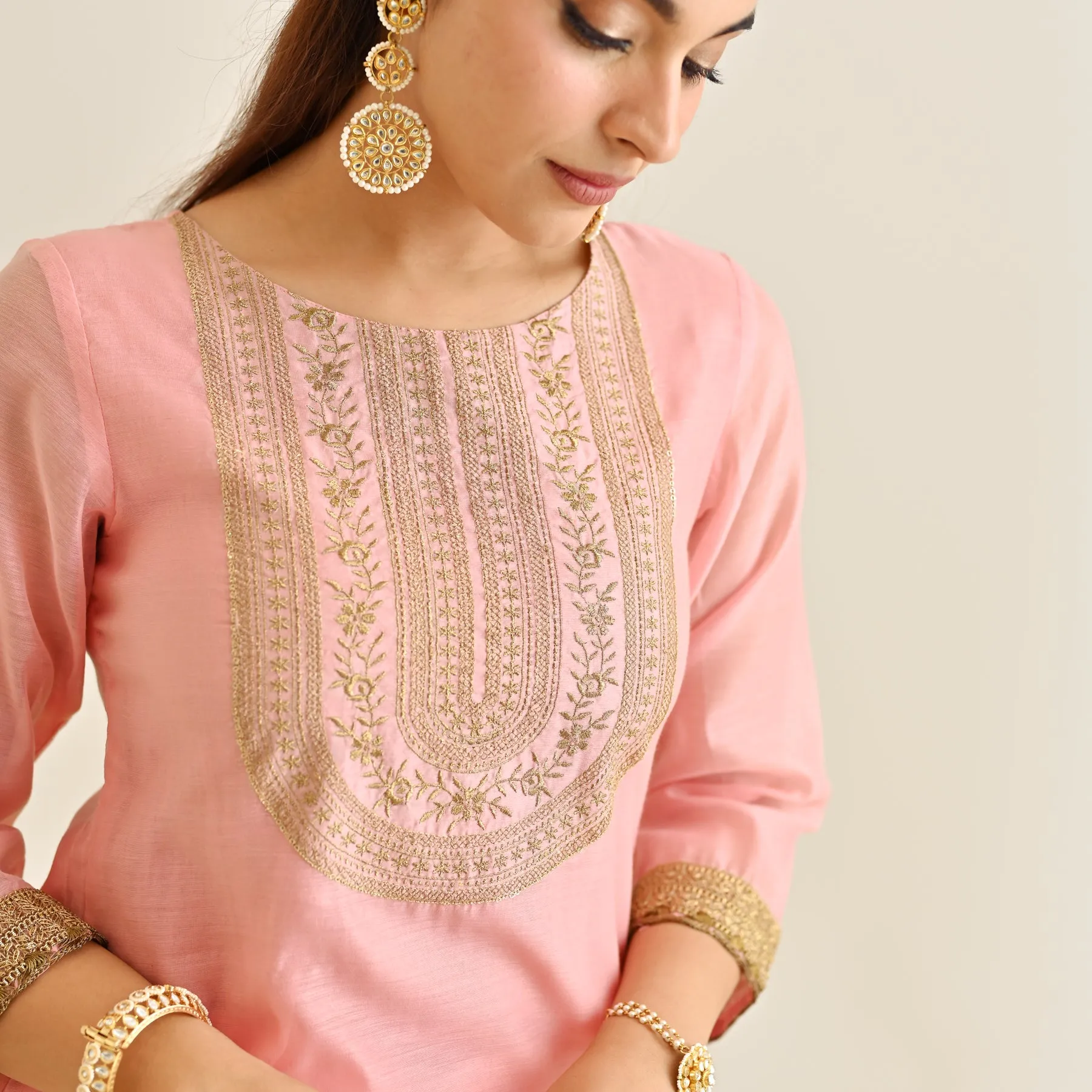 Pink Festive Embroidered Kurta Set with Embroidered Dupatta & Yoke Detail