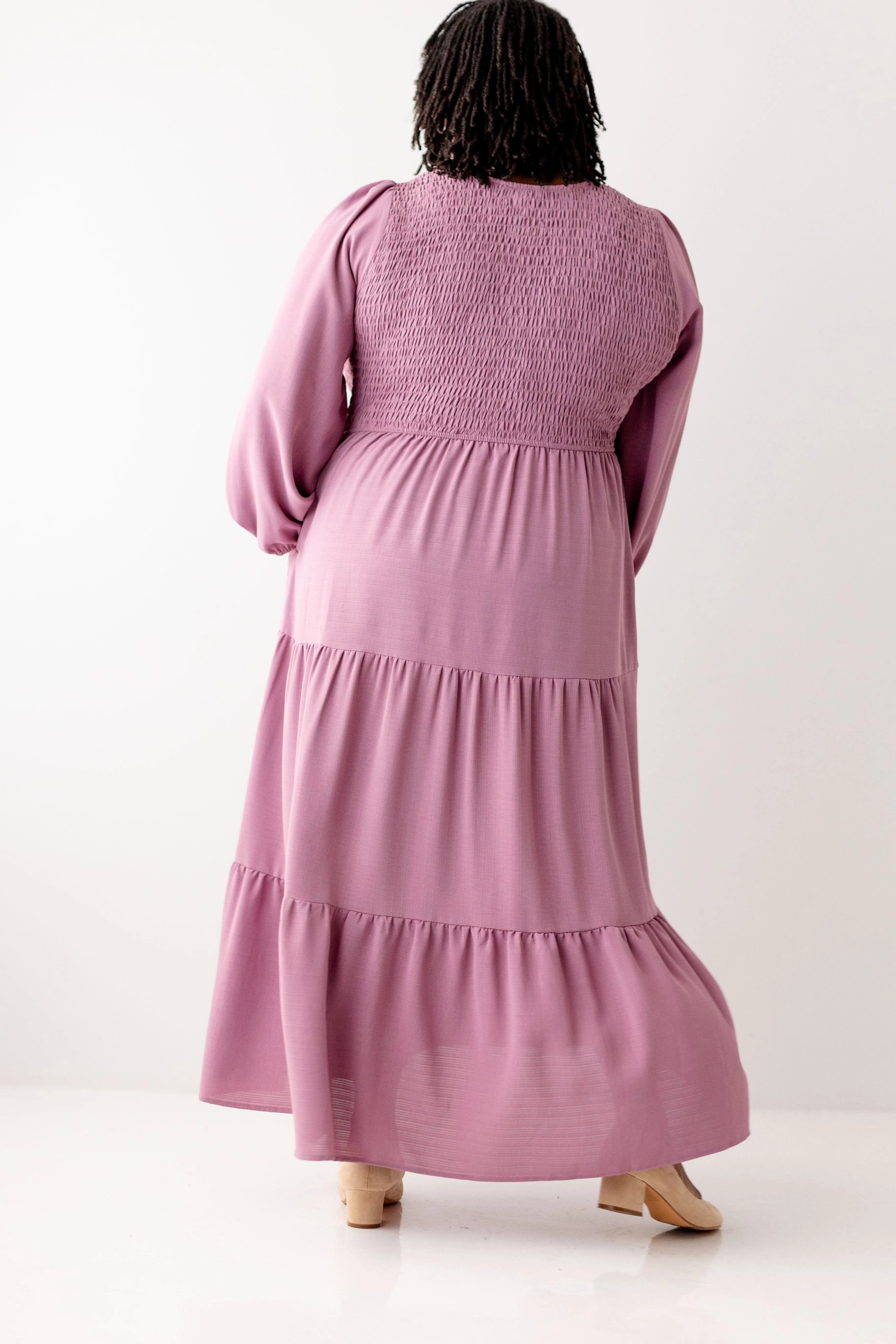 Plus 'Roxanne' Smocked Bodice Tiered Maxi Dress in Mauve FINAL SALE