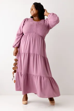 Plus 'Roxanne' Smocked Bodice Tiered Maxi Dress in Mauve FINAL SALE