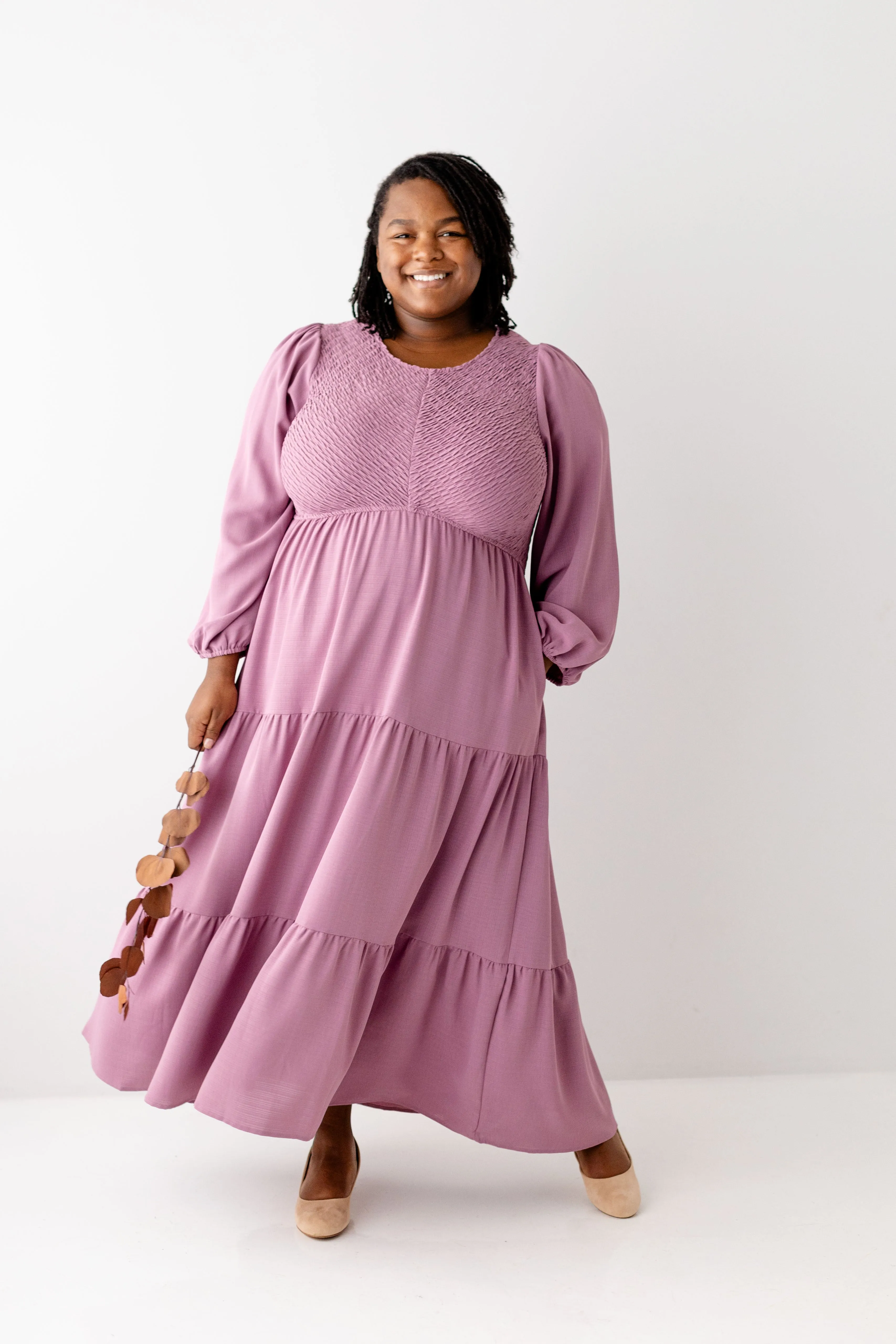 Plus 'Roxanne' Smocked Bodice Tiered Maxi Dress in Mauve FINAL SALE