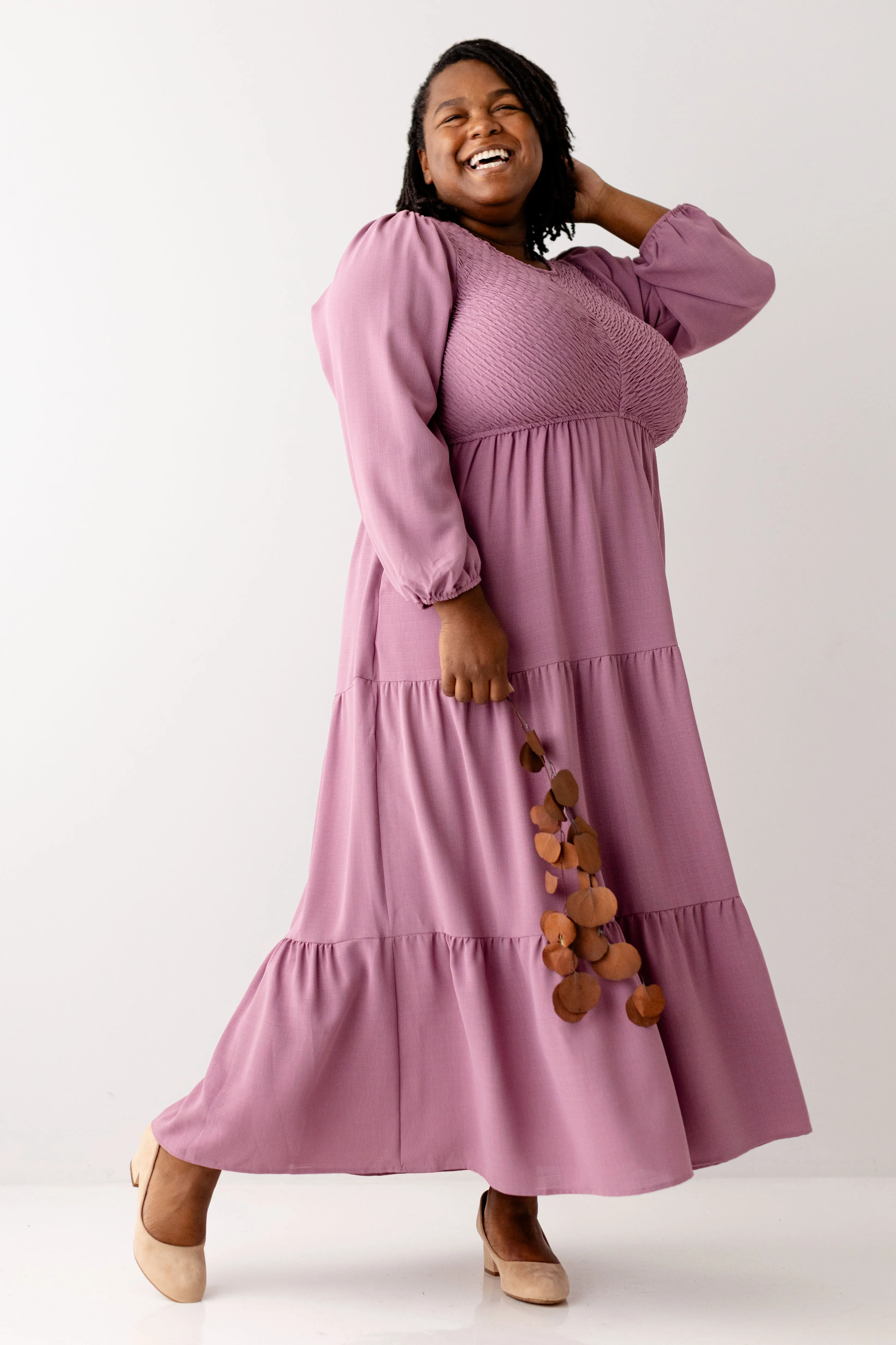 Plus 'Roxanne' Smocked Bodice Tiered Maxi Dress in Mauve FINAL SALE