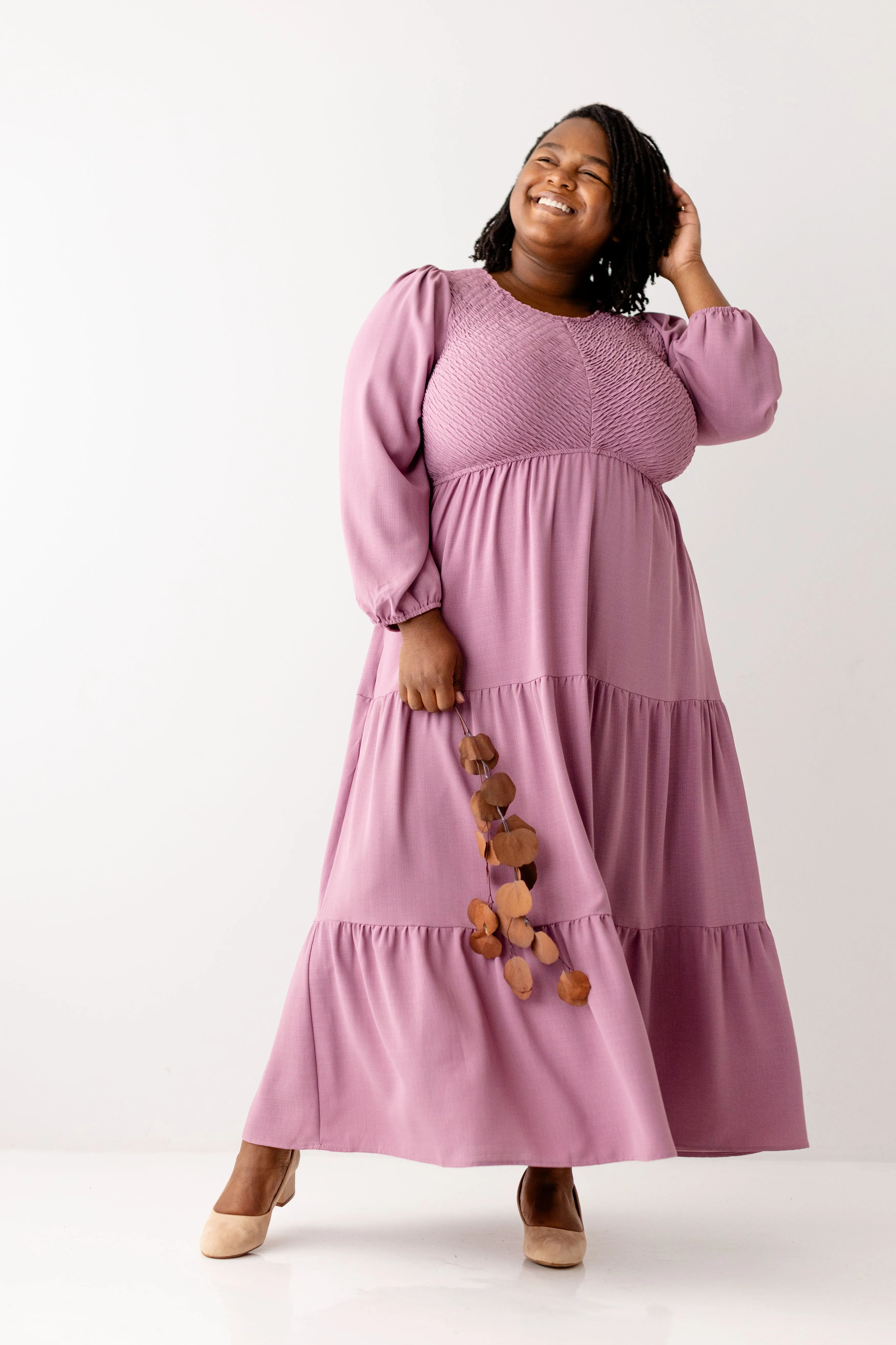 Plus 'Roxanne' Smocked Bodice Tiered Maxi Dress in Mauve FINAL SALE