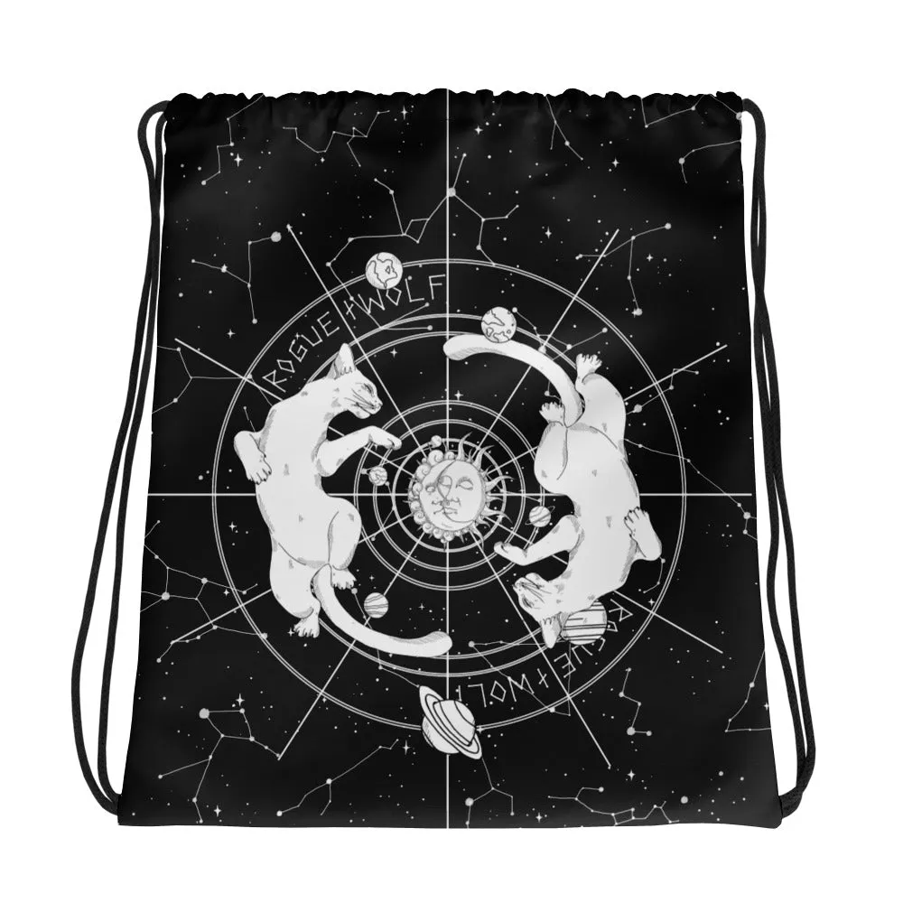 Purr Nebula Drawstring Bag - Vegan Backpack Bag for Travel, Yoga, Goth Accessories, Gym Essentials - Unisex Yoga Gifts