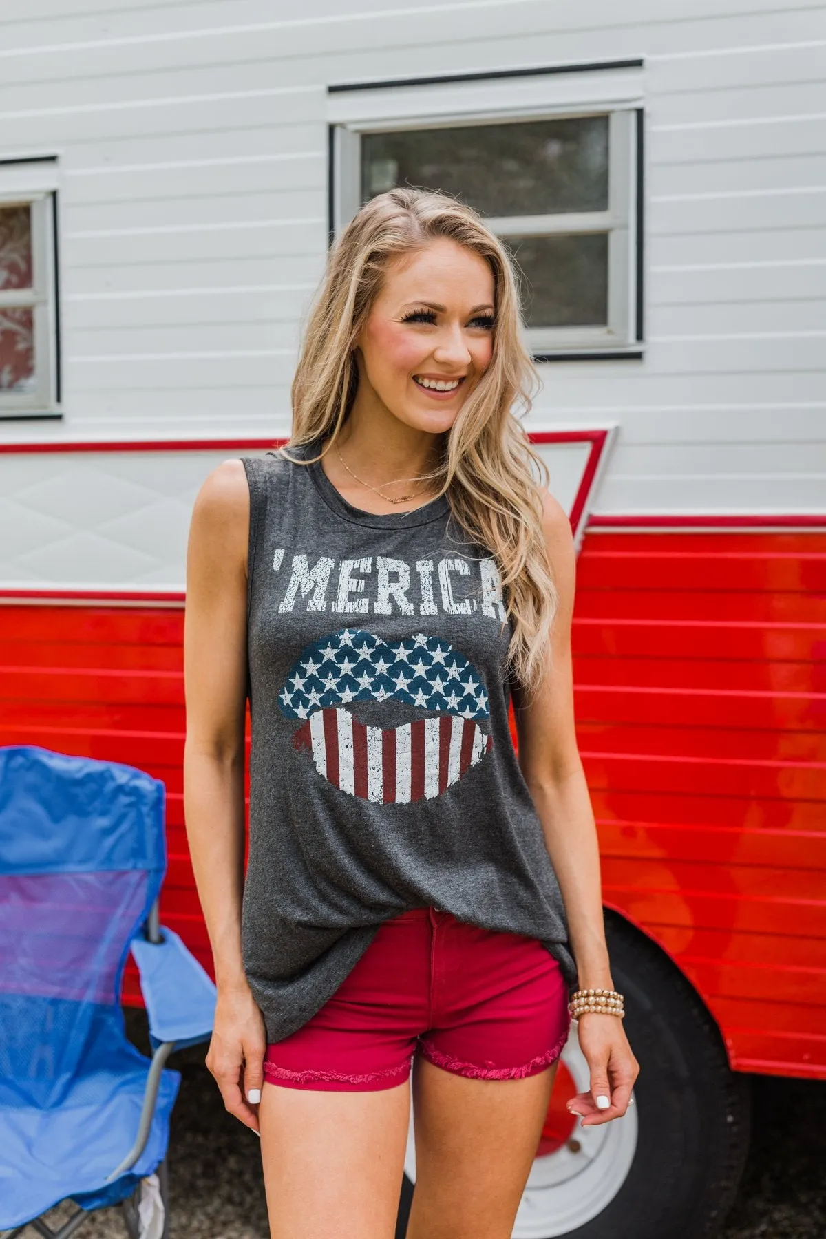 "Merica" Cut Out Back Tank Top- Charcoal