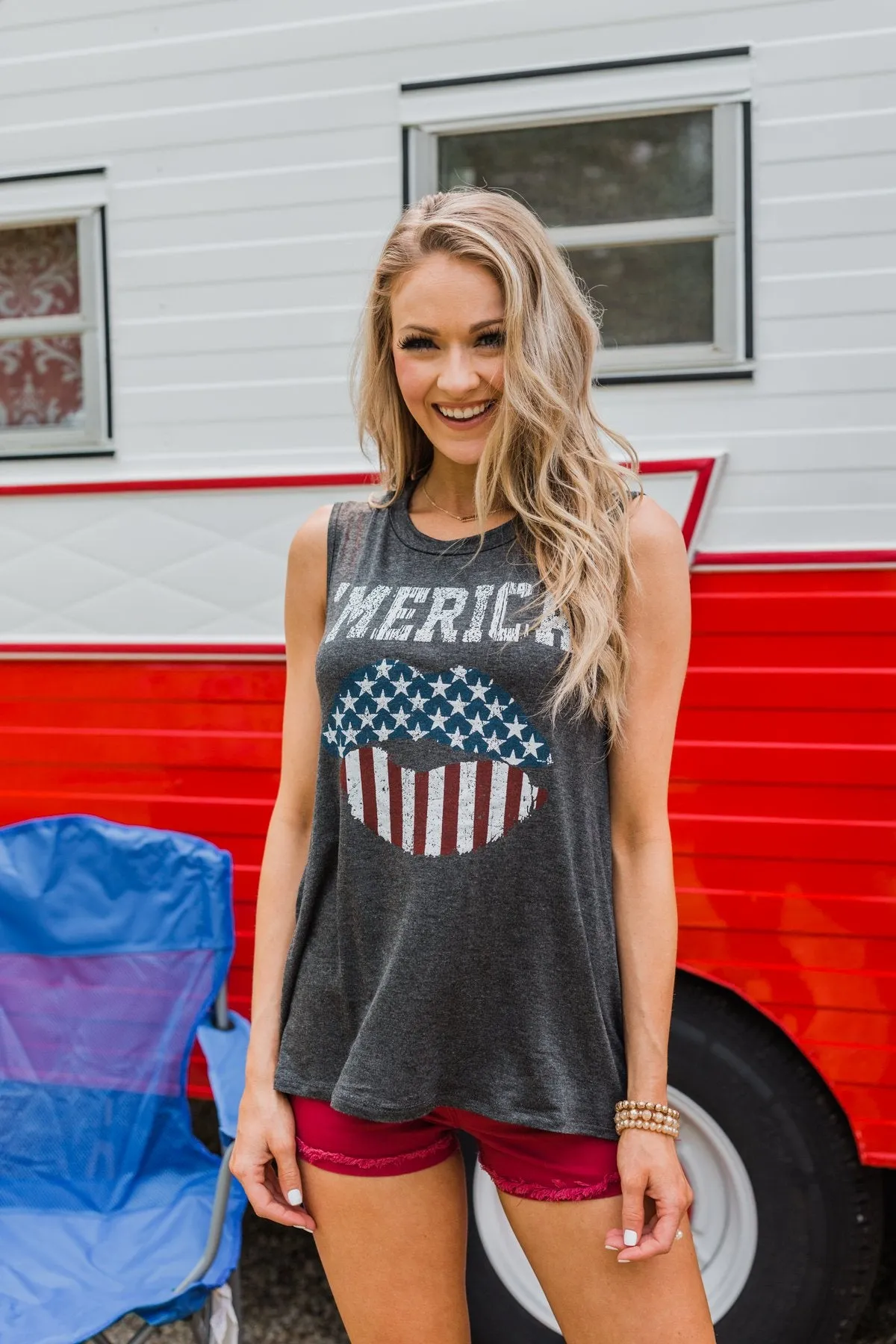 "Merica" Cut Out Back Tank Top- Charcoal