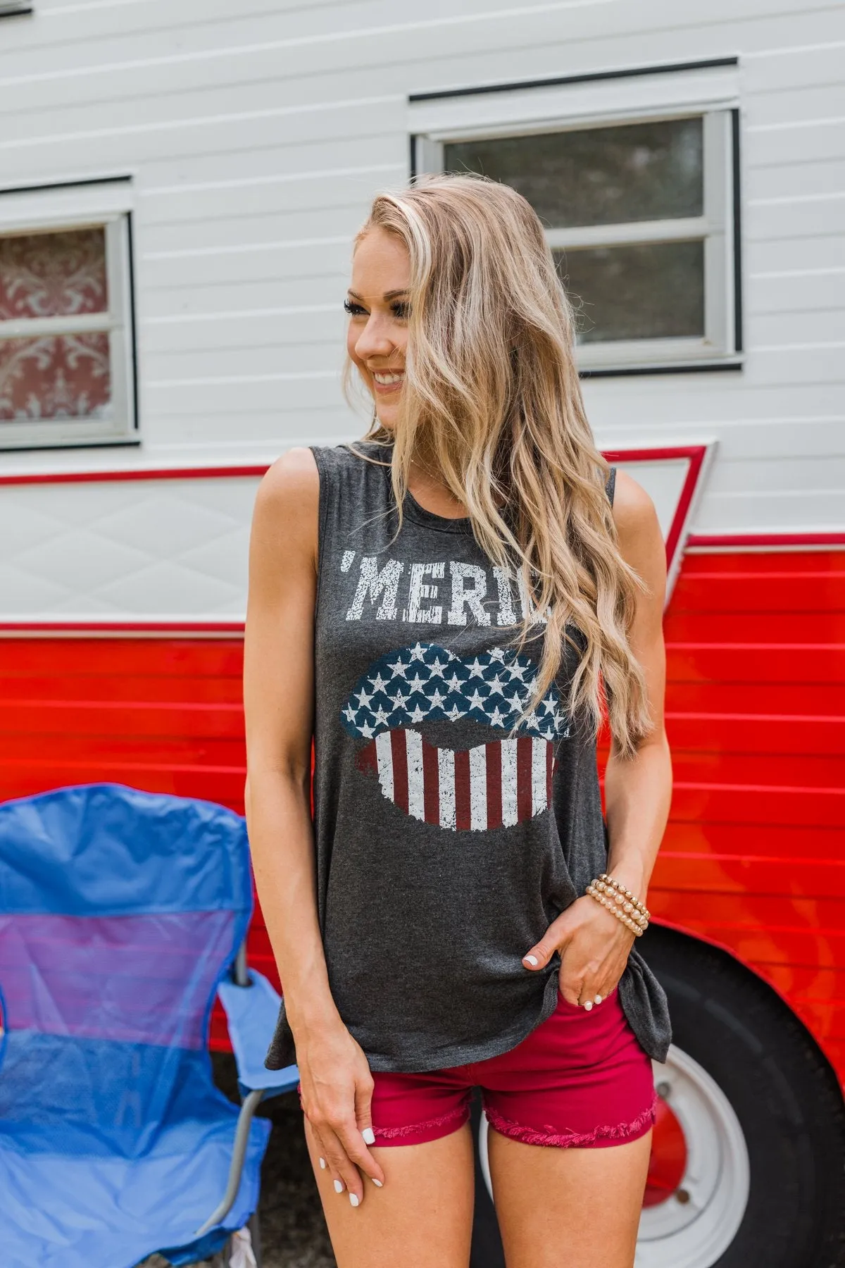 "Merica" Cut Out Back Tank Top- Charcoal