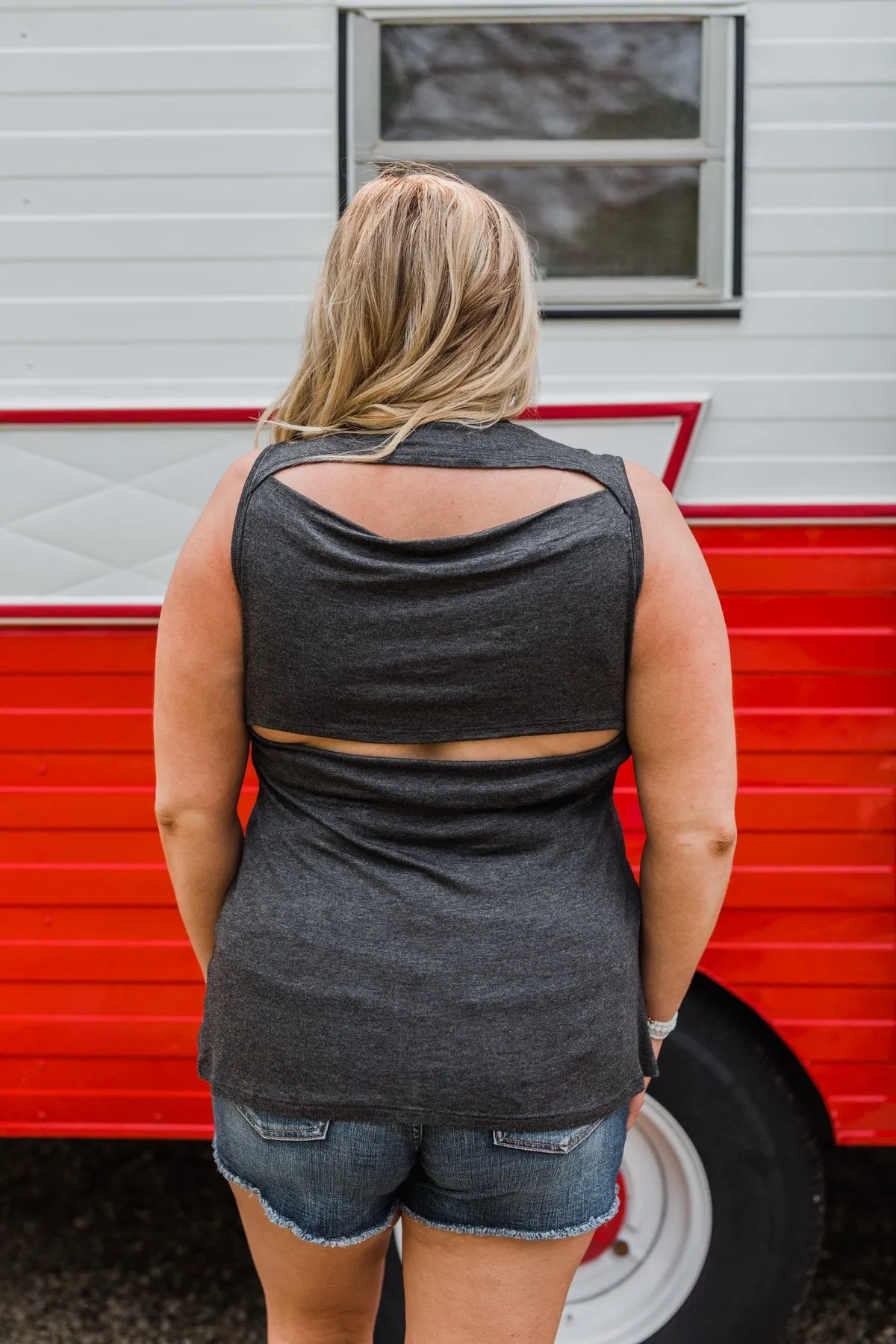 "Merica" Cut Out Back Tank Top- Charcoal