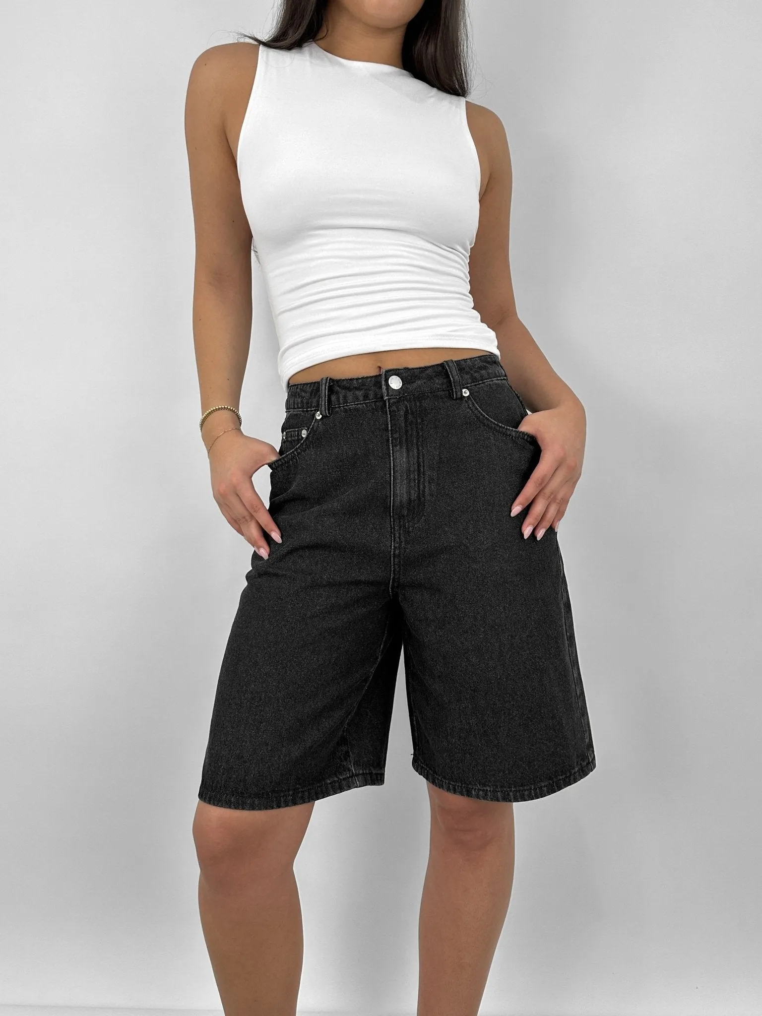 Relaxed Long Length Denim Shorts