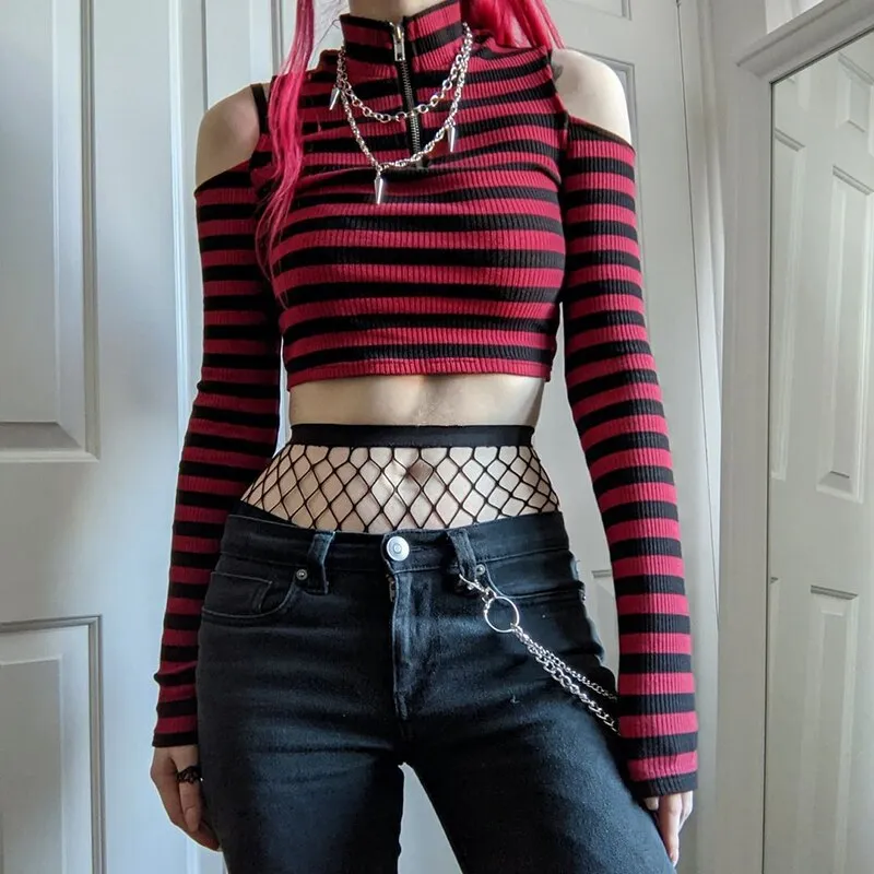 'Rouge' Red and Black Stripe Cold Shoulder Top