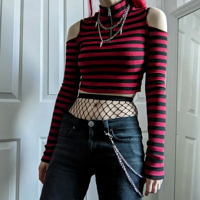 'Rouge' Red and Black Stripe Cold Shoulder Top