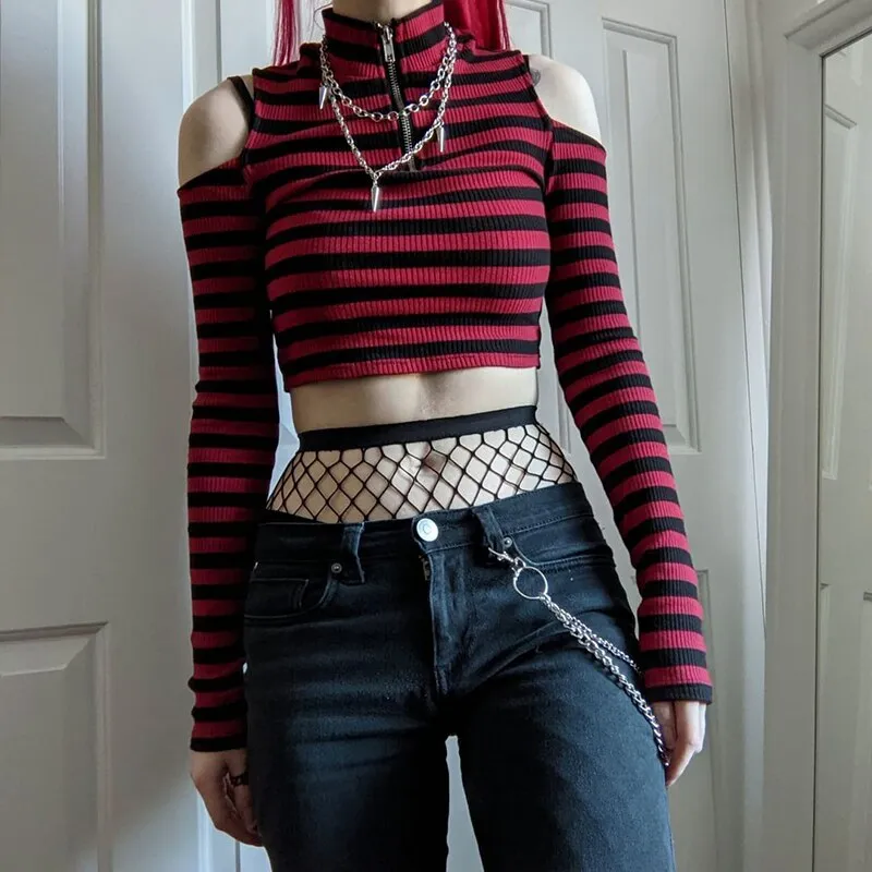 'Rouge' Red and Black Stripe Cold Shoulder Top